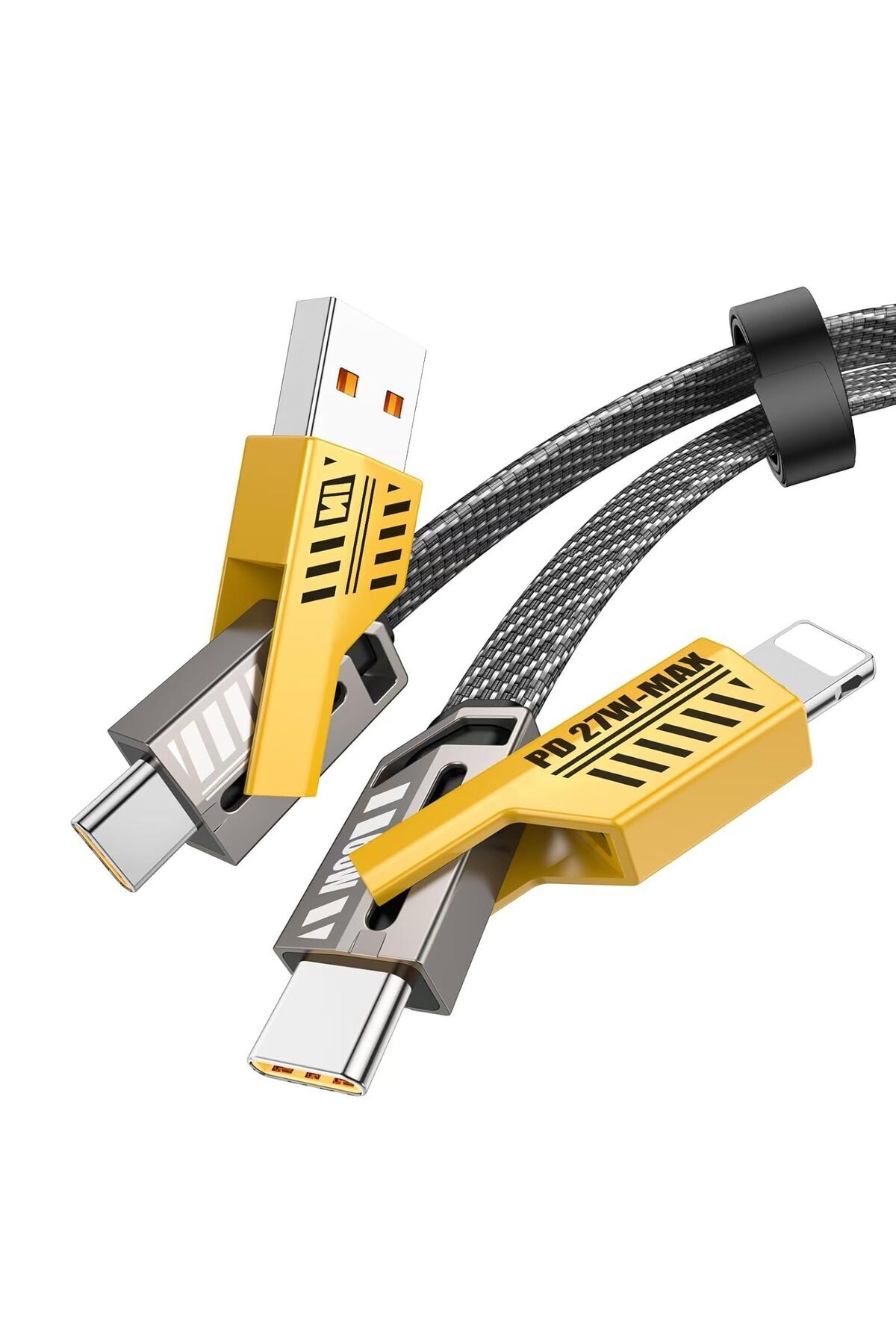 Fibaks 4in1 PD 65 Watt Type-C/27 Watt iPhone Halat Örgü Kırılmaz Uç 1 Metre Hızlı Şarj ve Data Kablosu