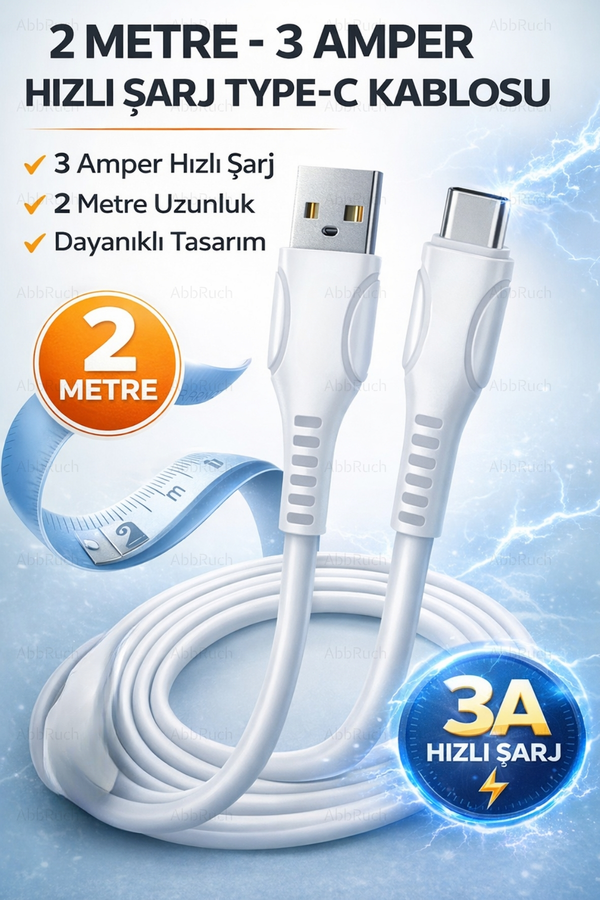 Abbruch 2 Metre 3A Type-C Şarj ve Data Kablosu | Hızlı Şarj – Dayanıklı – Güvenli