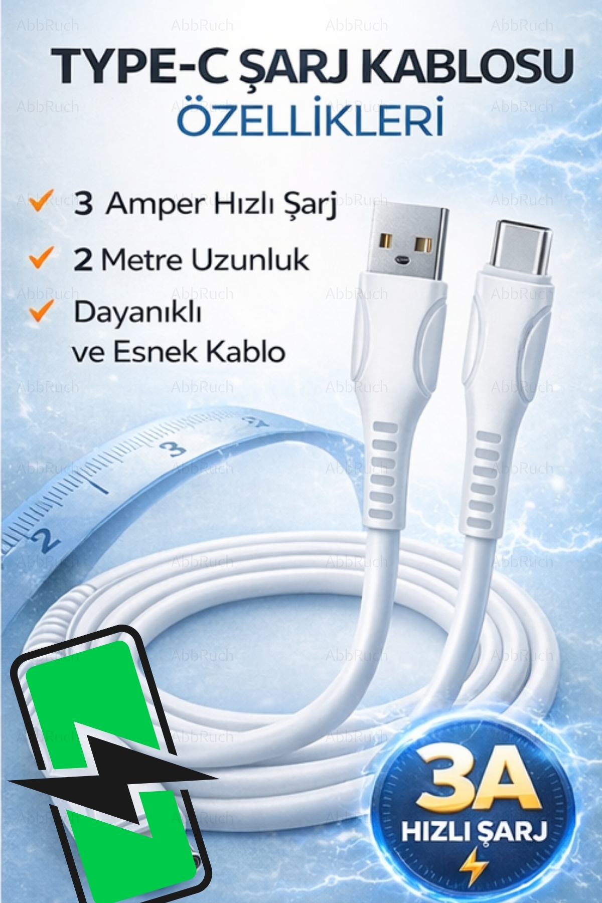 Abbruch 2 Metre 3A Type-C Şarj ve Data Kablosu | Hızlı Şarj – Dayanıklı – Güvenli - Görsel 3