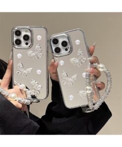 Fibaks iPhone 11 Kılıf Aynalı Charm Kelebek Askılı İnci Tasarımlı 3D Desenli Silikon Kapak. - Görsel 3