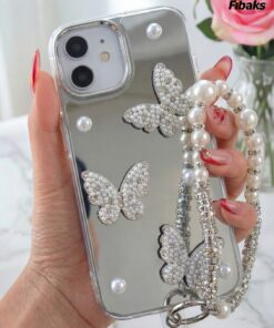 Fibaks iPhone 11 Kılıf Aynalı Charm Kelebek Askılı İnci Tasarımlı 3D Desenli Silikon Kapak.
