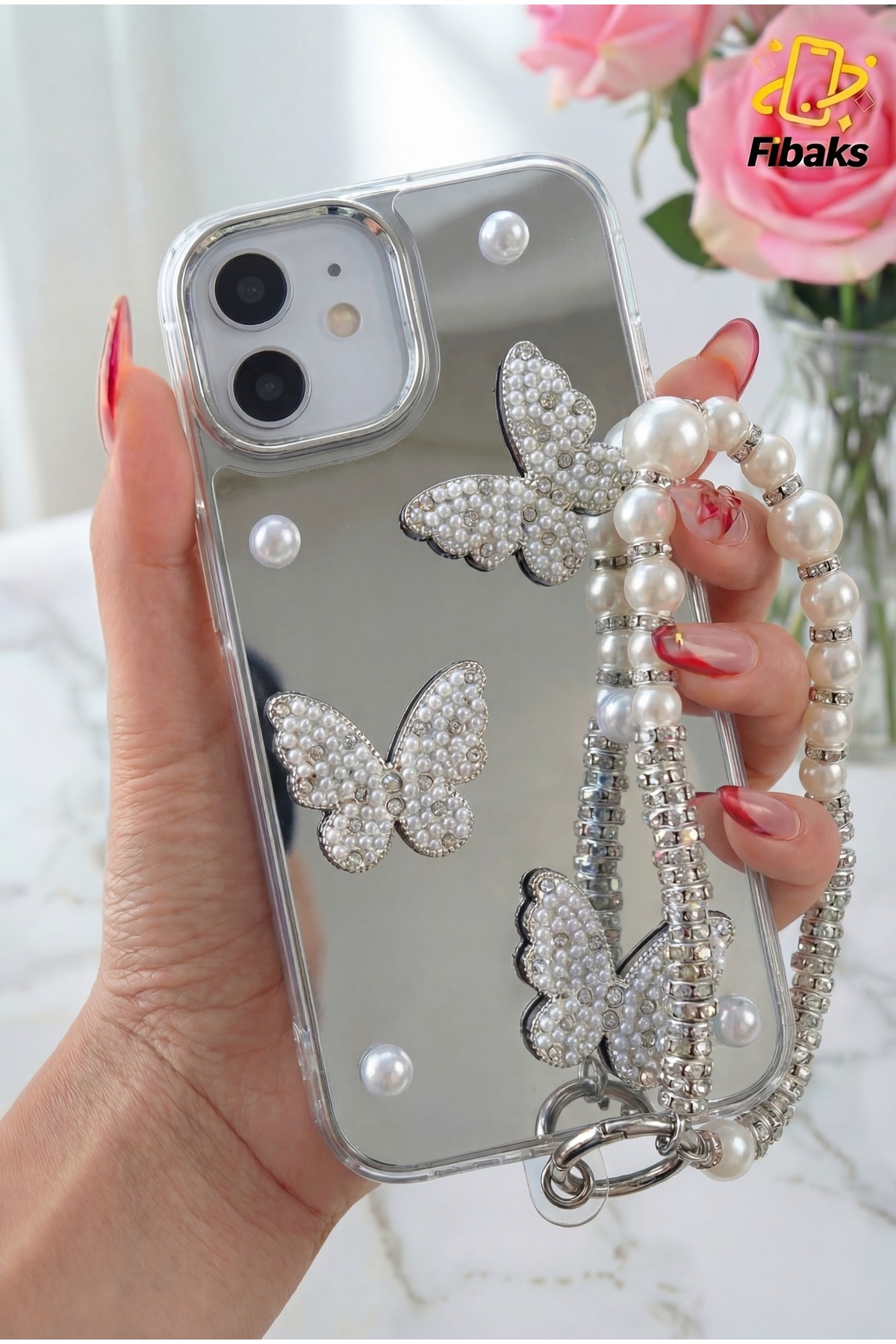 Fibaks iPhone 11 Kılıf Aynalı Charm Kelebek Askılı İnci Tasarımlı 3D Desenli Silikon Kapak.