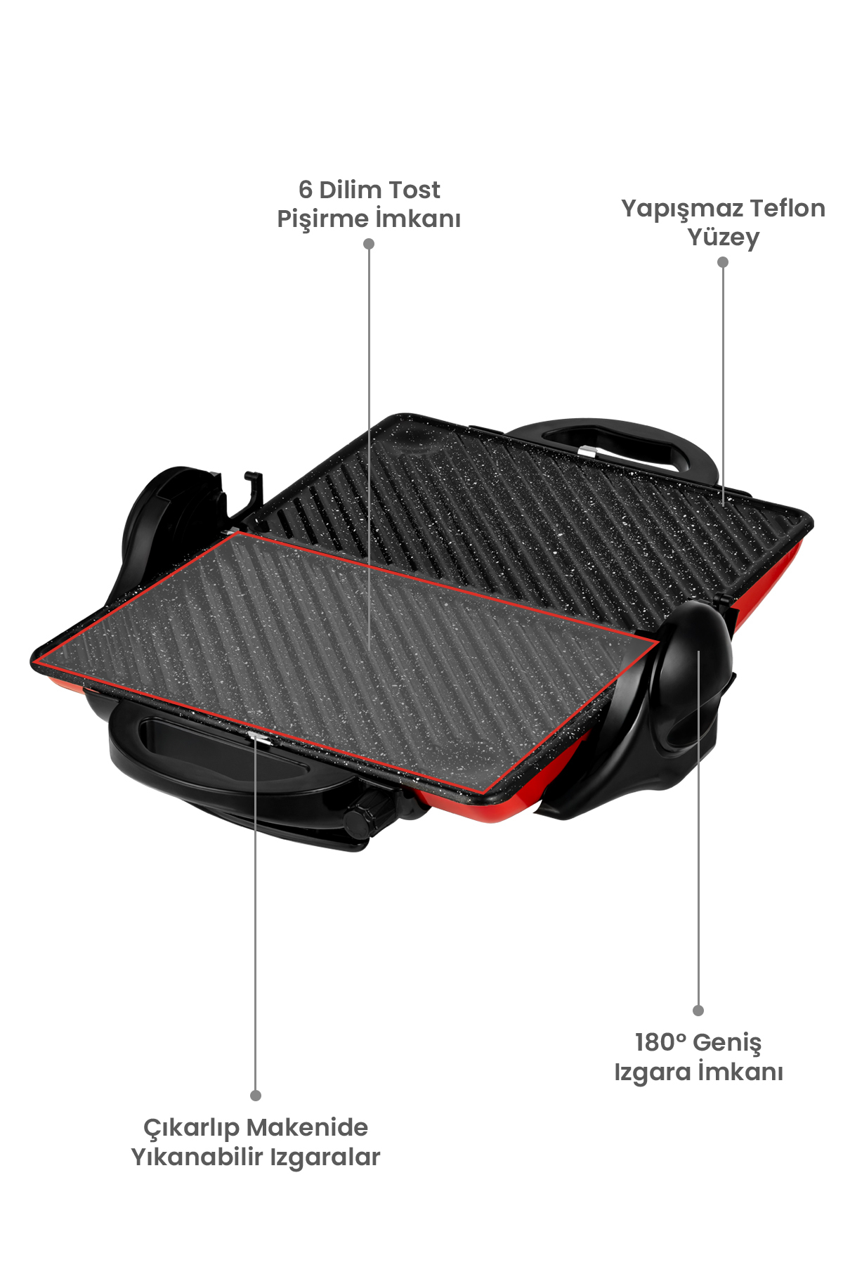 AWOX Orion Tost Ve Izgara Makinesi 180° Açılabilir 1800w Kırmızı - Görsel 3