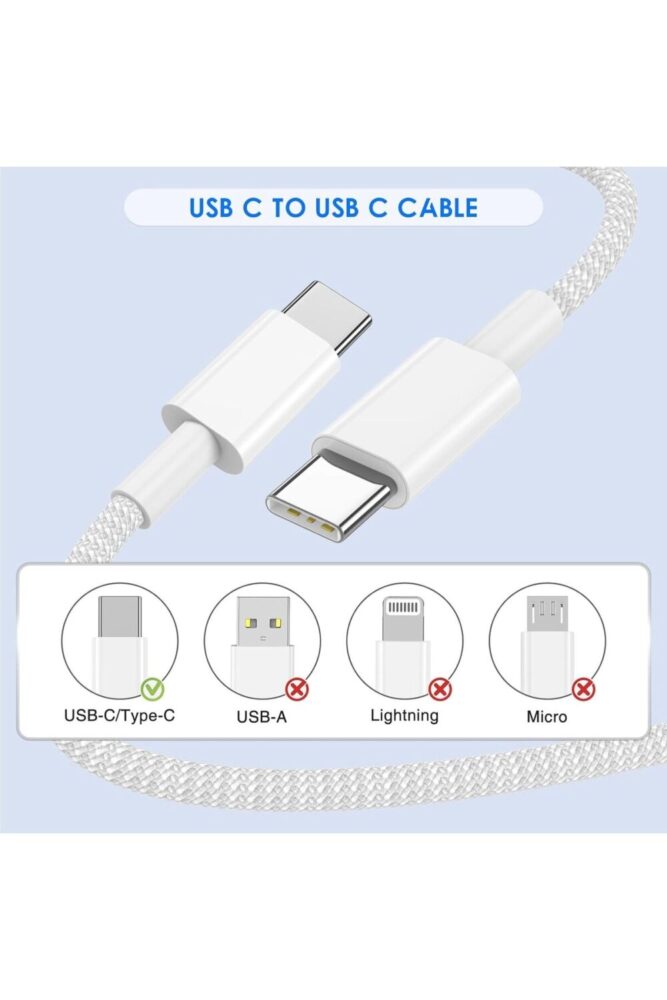 WANNA PROTECT 60W Destekli Iphone Samsung Xiaomi Oppo Uyumlu Type C To Type C Hızlı Şarj Kablosu Beyaz 1 Metre - Görsel 3