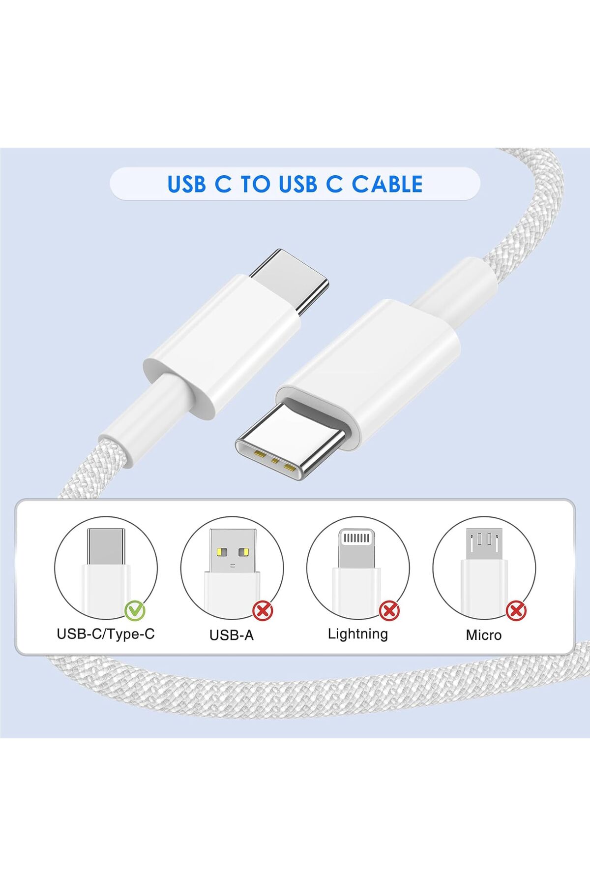 WANNA PROTECT 60W Destekli Iphone Samsung Xiaomi Oppo Uyumlu Type C To Type C Hızlı Şarj Kablosu Beyaz 1 Metre - Görsel 3