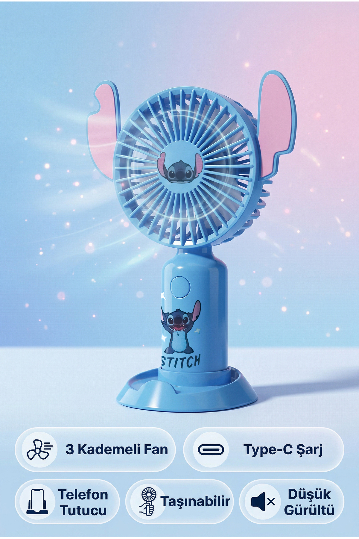 ALFAGİFT Stitch Mini Fan Taşınabilir Şarjlı Fan 3 Kademeli Type-C Telefon Tutuculu Sessiz Vantilatör