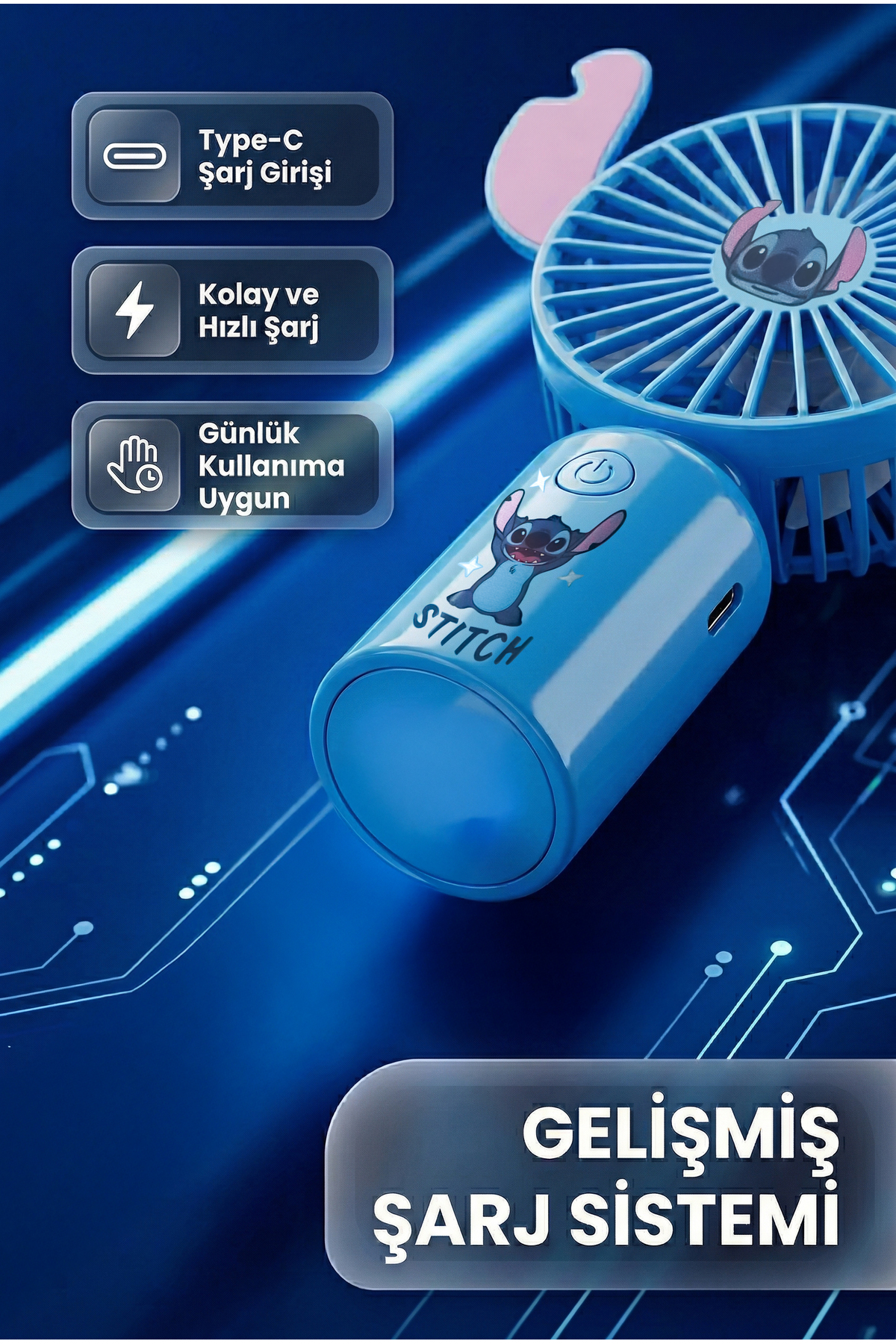 ALFAGİFT Stitch Mini Fan Taşınabilir Şarjlı Fan 3 Kademeli Type-C Telefon Tutuculu Sessiz Vantilatör - Görsel 3