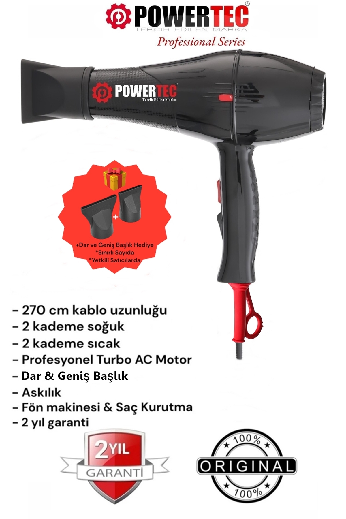 Powertec TR-701 Kuaför Tipi Profesyonel Fön Makinesi 2500W Performans