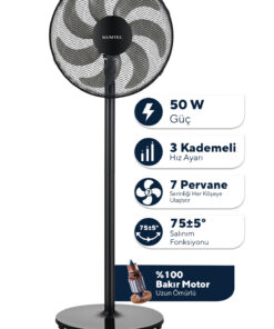 KUMTEL KTF-760 Siyah 16 İnç Ayaklı Vantilatör 50 W,7 Pervaneli,3 Kademeli, 130 cm Yükseklik