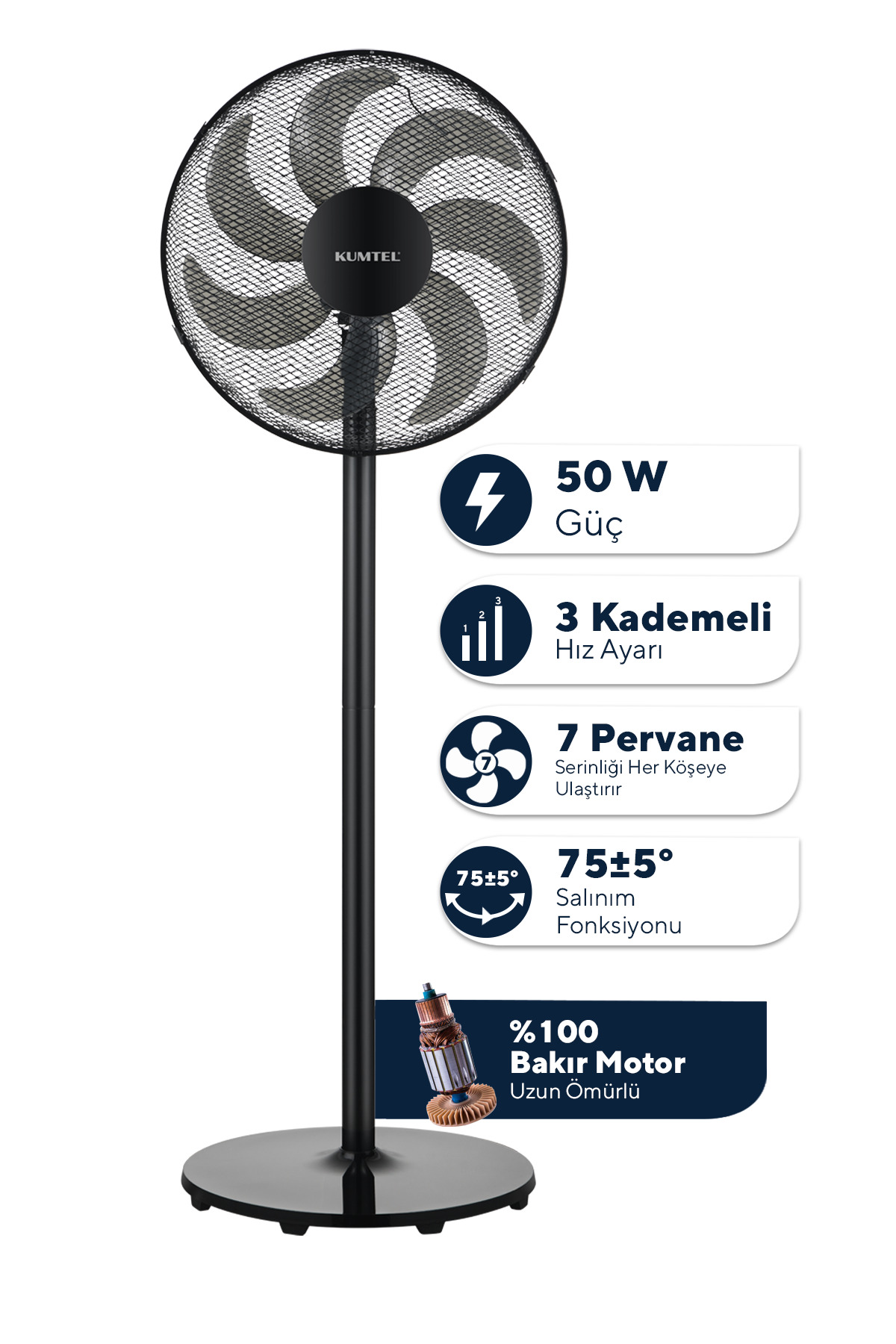 KUMTEL KTF-760 Siyah 16 İnç Ayaklı Vantilatör 50 W,7 Pervaneli,3 Kademeli, 130 cm Yükseklik