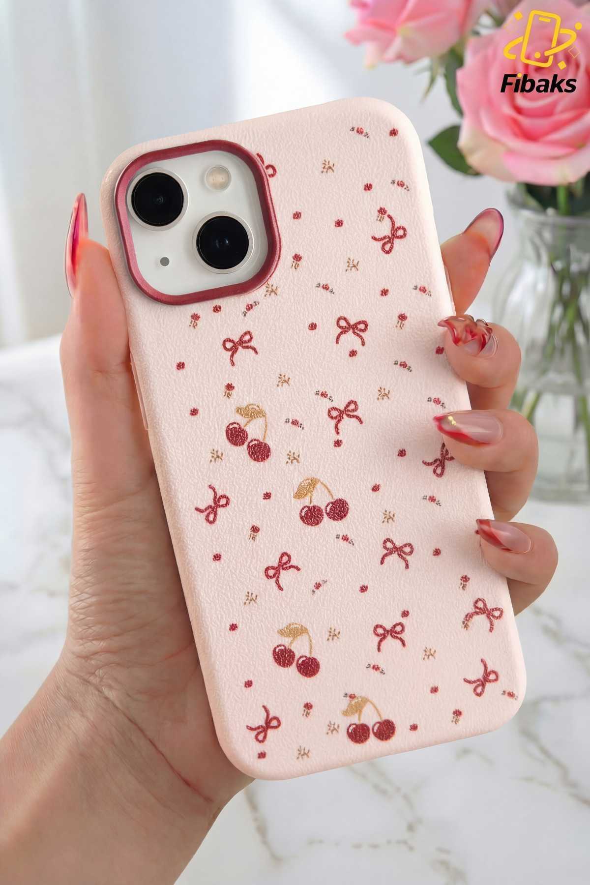 Fibaks iPhone 13/14/15 Kılıf Renkli Kamera Çıkıntılı Kiraz Fiyonk Desenli Silikon Koruyucu Kapak - Görsel 3