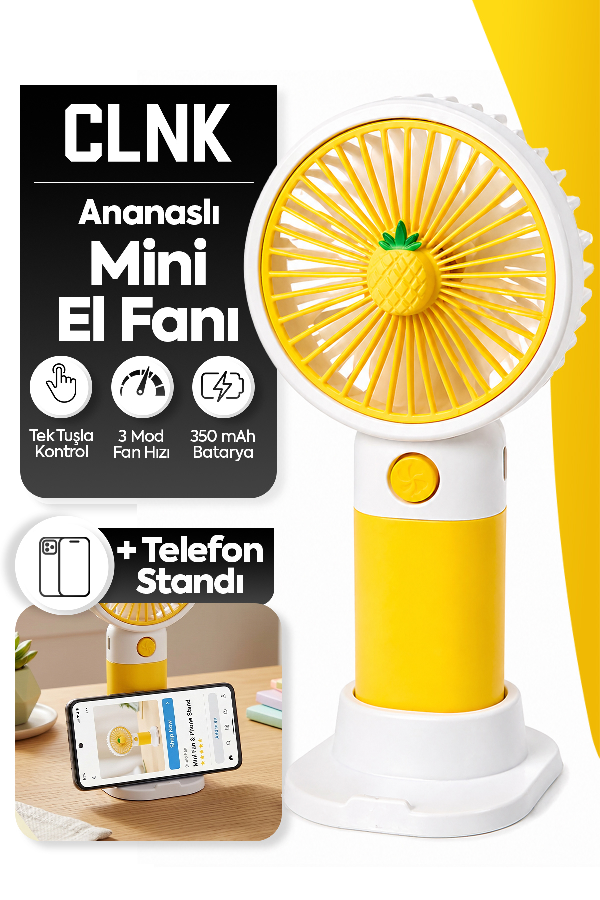 CLNK Ananas Tasarım 3 Kademeli Sessiz Mini El Masa Fan Vantilatör Turbo Üfleme Kademe Taşınabilir Fan