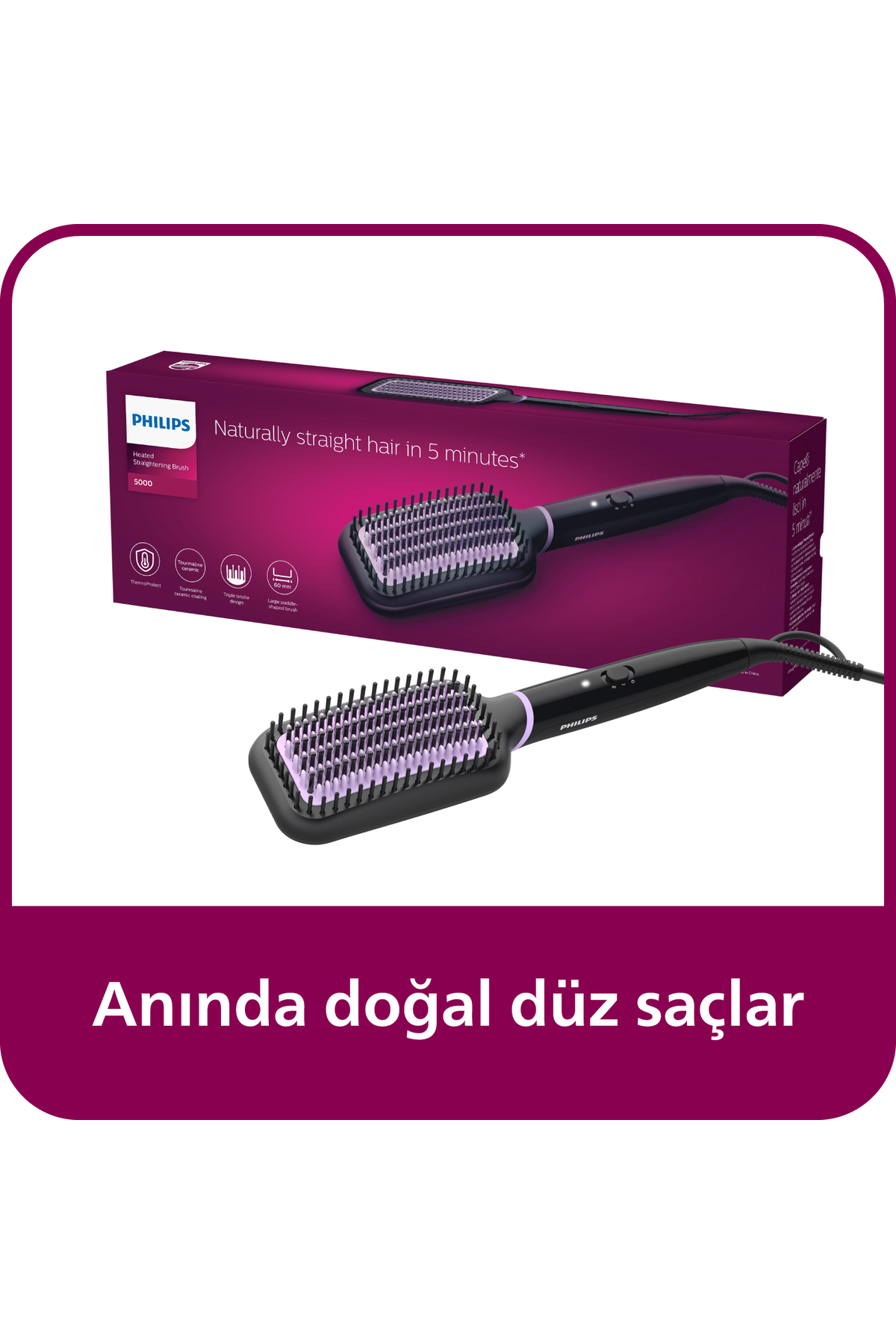 Philips Düzleştirici Tarak, Anında Doğal Düz, Pürüzsüz Kabarmayan Saçlar, BHH880/00