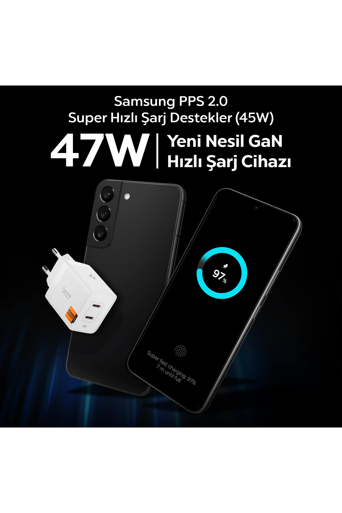 Spigen 47W USB-C 2 Port Mini Hızlı Şarj Aleti Samsung PPS 2.0 GaN Pro Destekli Akım Koruma Type-C ACH08707 - Görsel 3