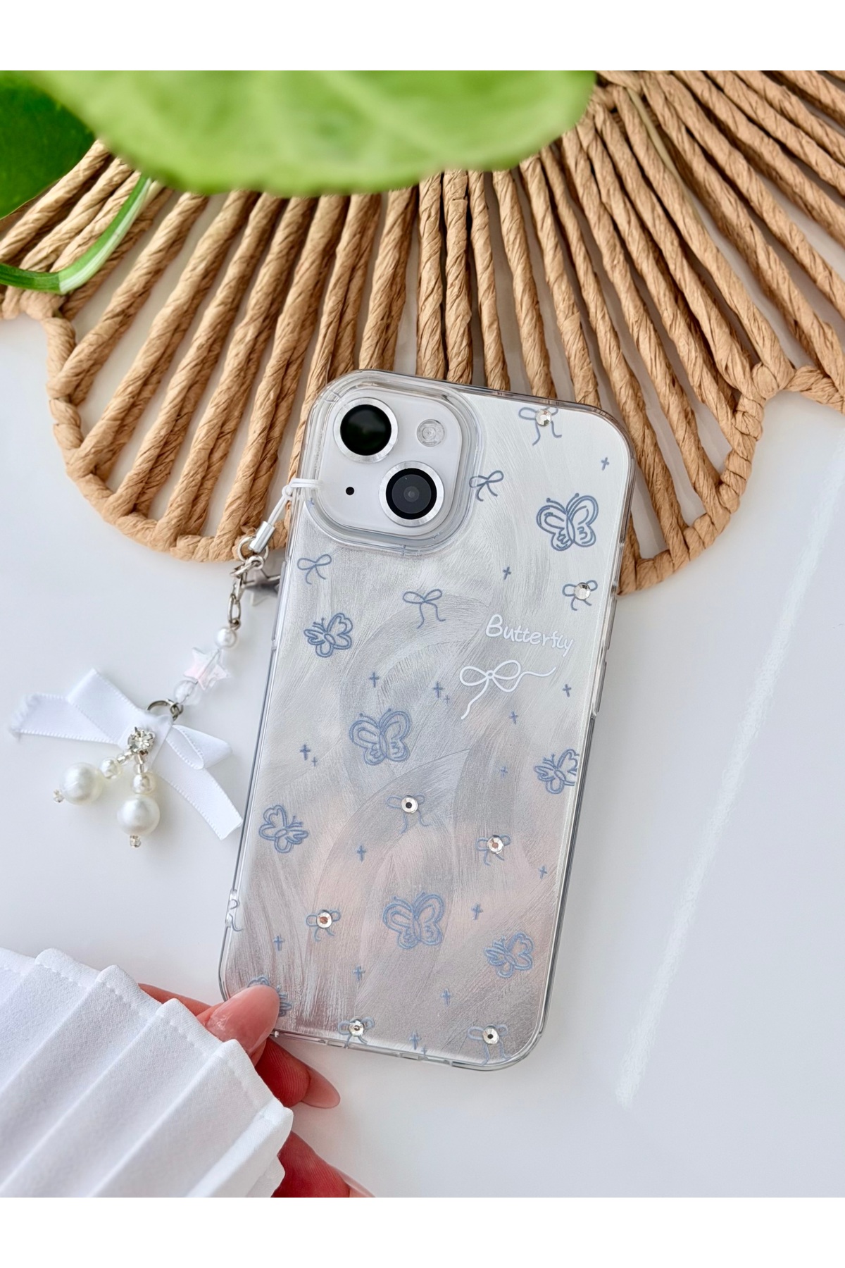 Go Aksesuar Iphone 15 - 14 VE 13 Uyumlu Charm İnci Kurdele Tasarımlı Esnek Silikon Kılıf