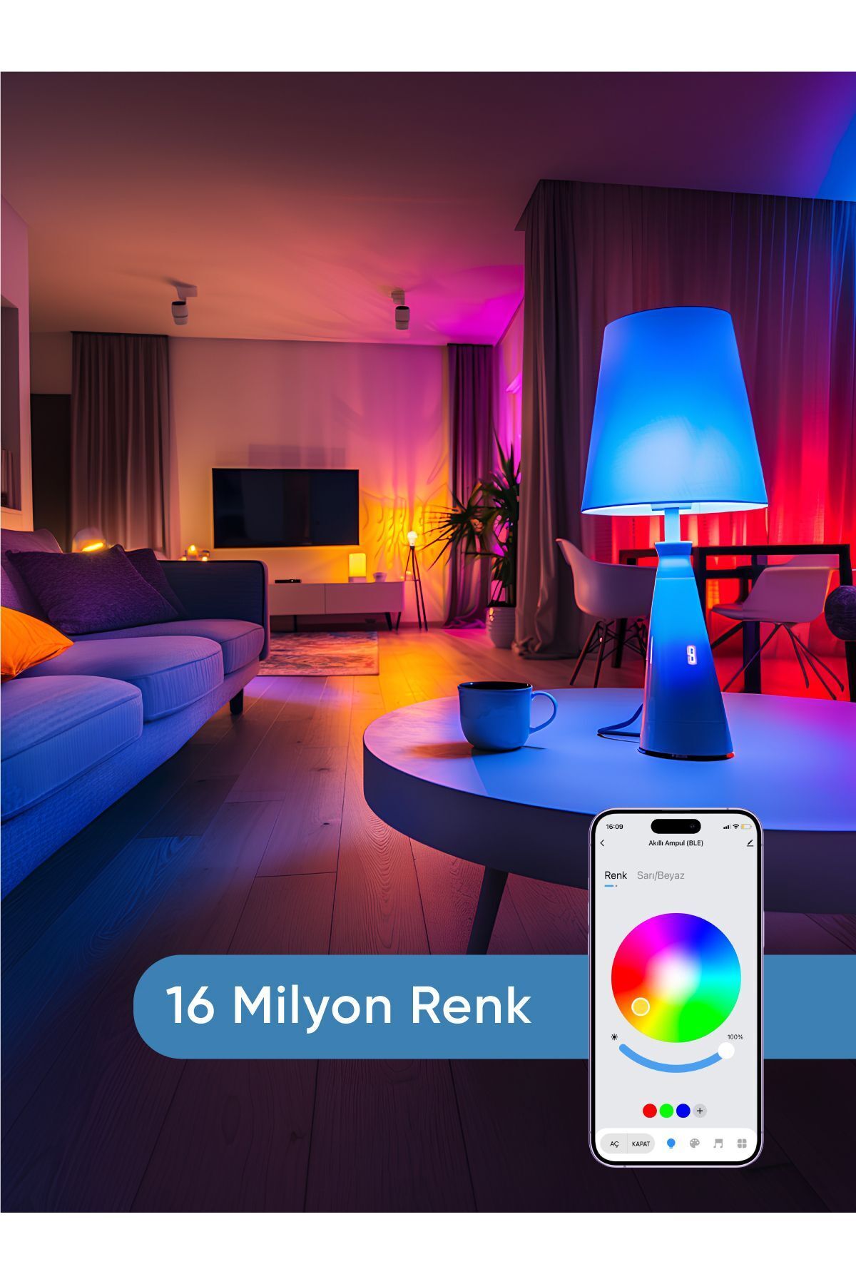Şımart Akıllı RGB LED Ampul Wi-Fi 16M Renk, Uzaktan Kontrol ve Sesli Asistan Uyumlu - Görsel 3