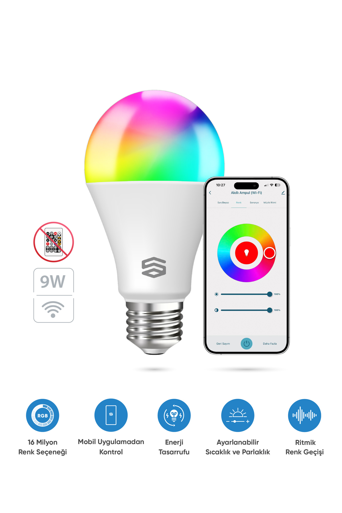 Şımart Akıllı RGB LED Ampul Wi-Fi 16M Renk, Uzaktan Kontrol ve Sesli Asistan Uyumlu