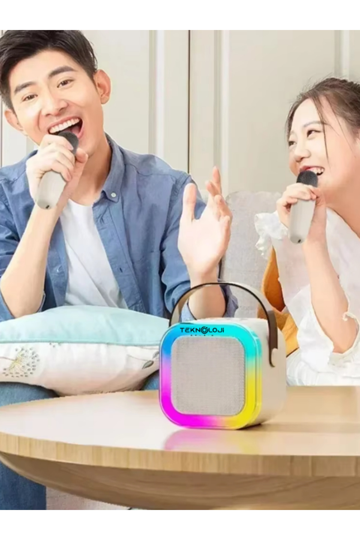 Teknoloji Gelsin Çift Karaoke Mikrofonlu Kablosuz Bluetooth Hoparlör 5 Ses Efektli Rgb Hd Stereo Ses Usb/Sd/FM - Görsel 3
