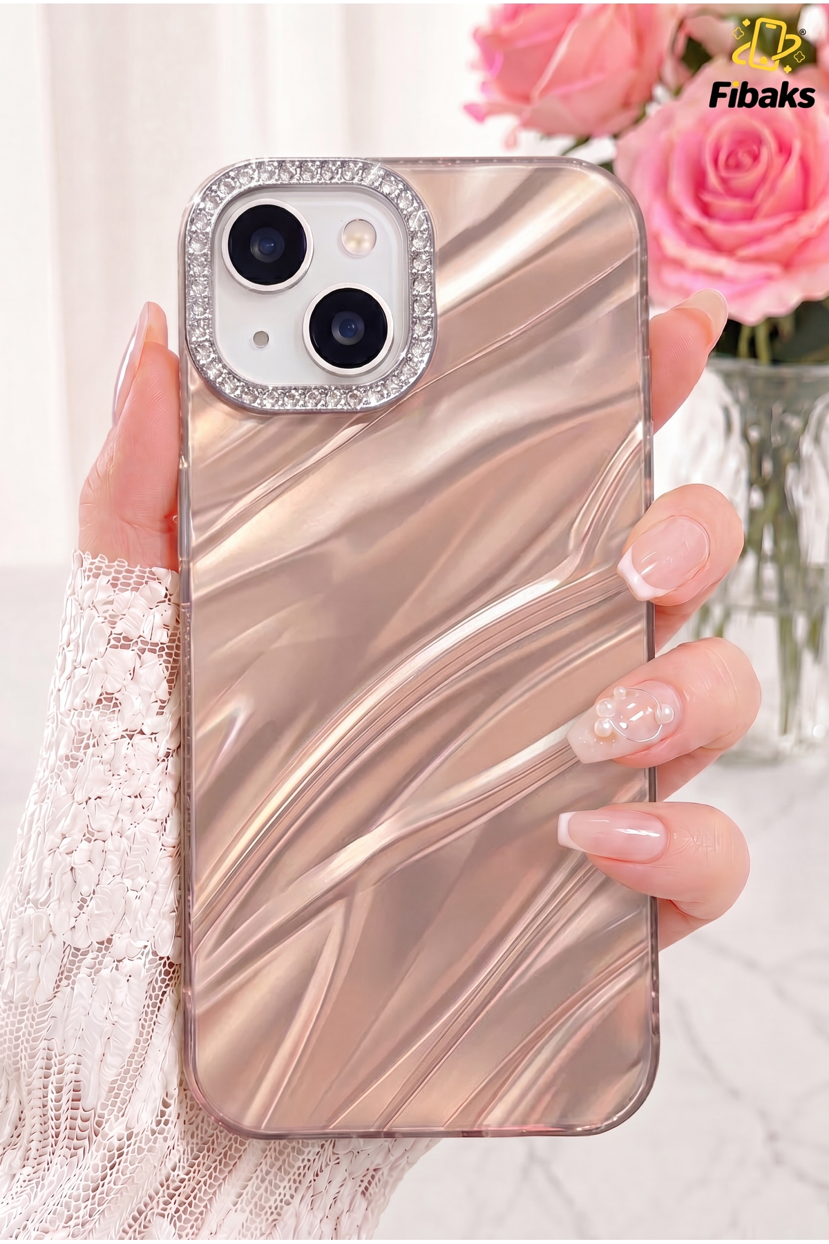 Fibaks iPhone 13 / 14 / 15 Kılıf Taşlı Parlak Dalga Desenli Kamera Çerçeveli Darbe Emici Korumalı Silikon Rose