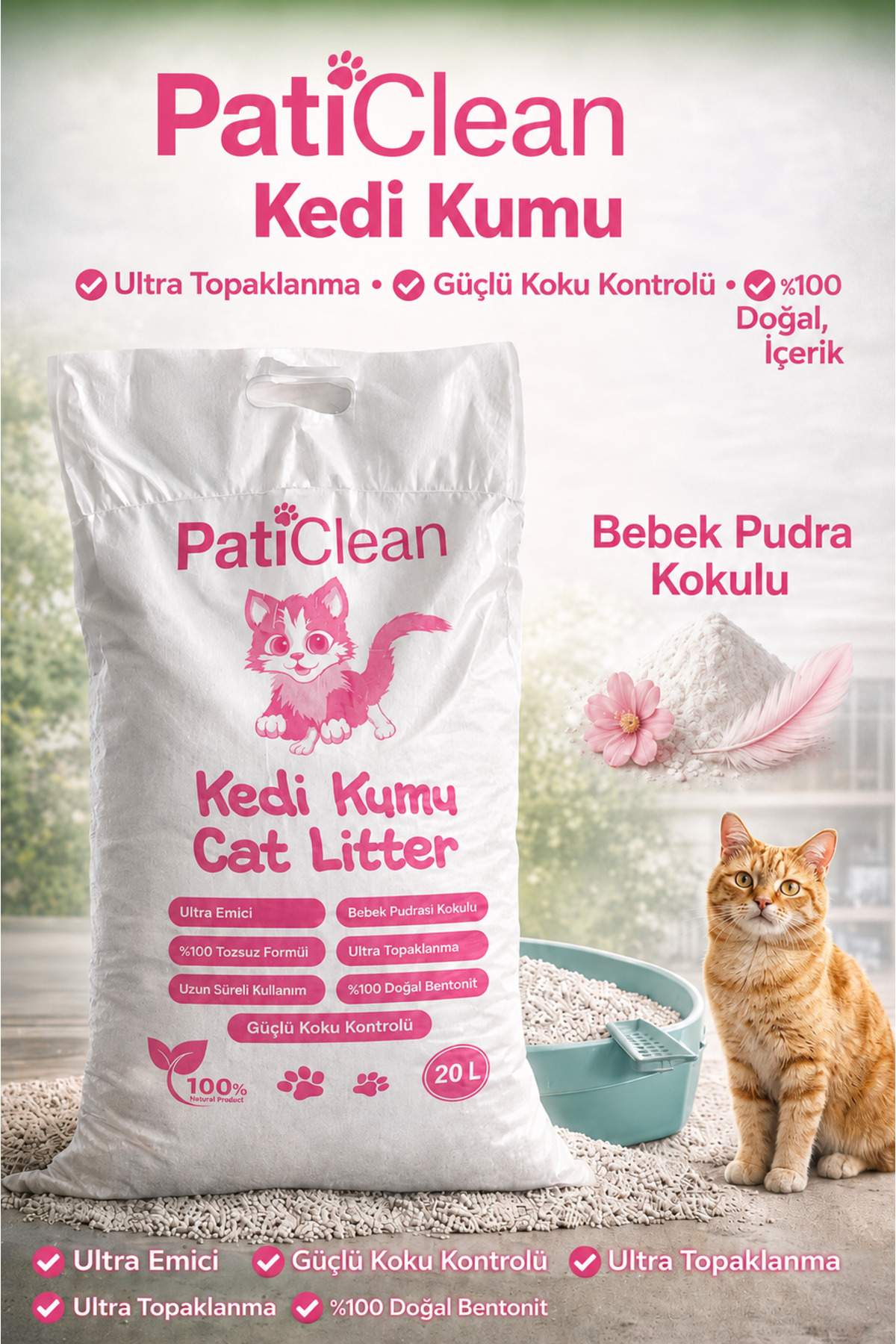 Pati Clean 20 Lt Tozsuz Bebek Pudra Kokulu İnce Taneli Süper Topaklanan Beyaz Bentonit Kedi Kumu Organik Kedi Kumu