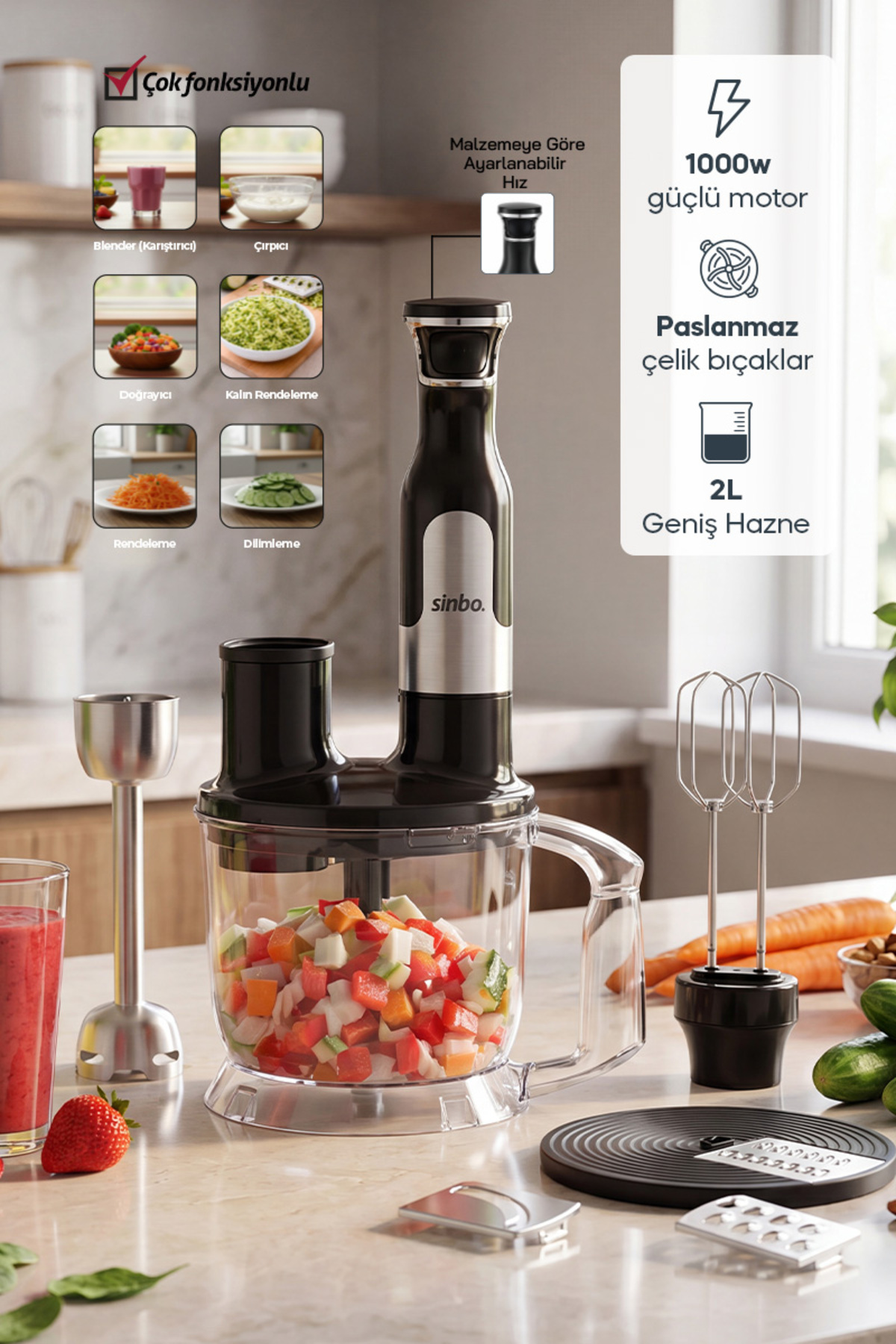 Sinbo SHB-7534 Blender Seti | Çelik Blender, Çırpıcı, Doğrayıcı, Rende ve Dilimleme Aparatlı Mutfak Robotu