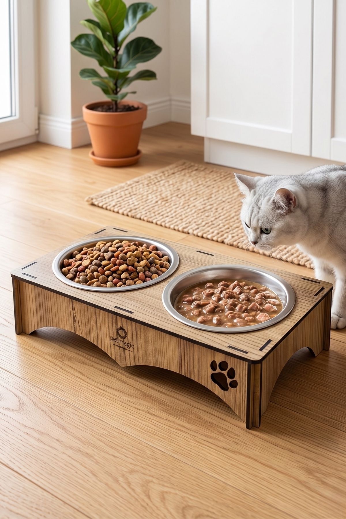 Pet Magic 2'li Mama Kabı, Ahşap Çelik Kaseli Kedi Mama Kabı, Ahşap Standlı, Metal Kaseli
