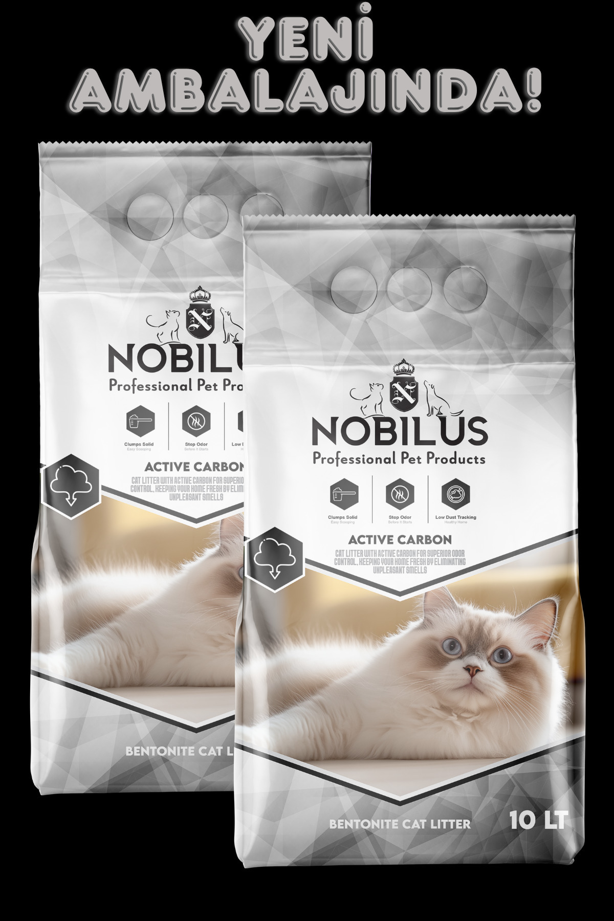 NOBİLUS 2'li Avantaj Paketi Aktif Karbonlu Koku Hapseden, Topaklanan, Tozsuz Kedi Kumu 10 Lt X 2 Adet