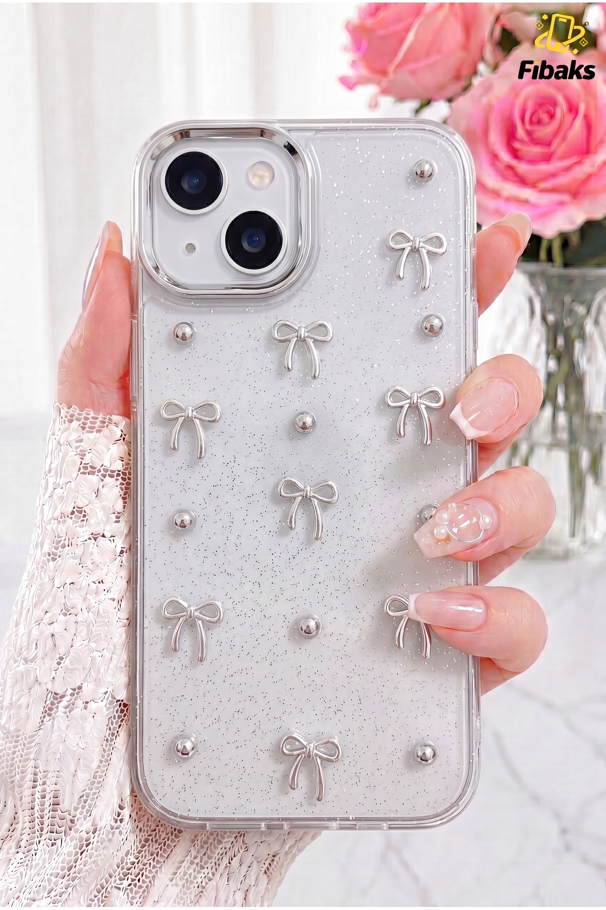 Fibaks iPhone 13/14/15 Şeffaf Mini Fiyonk Epoksili Telefon Kılıfı