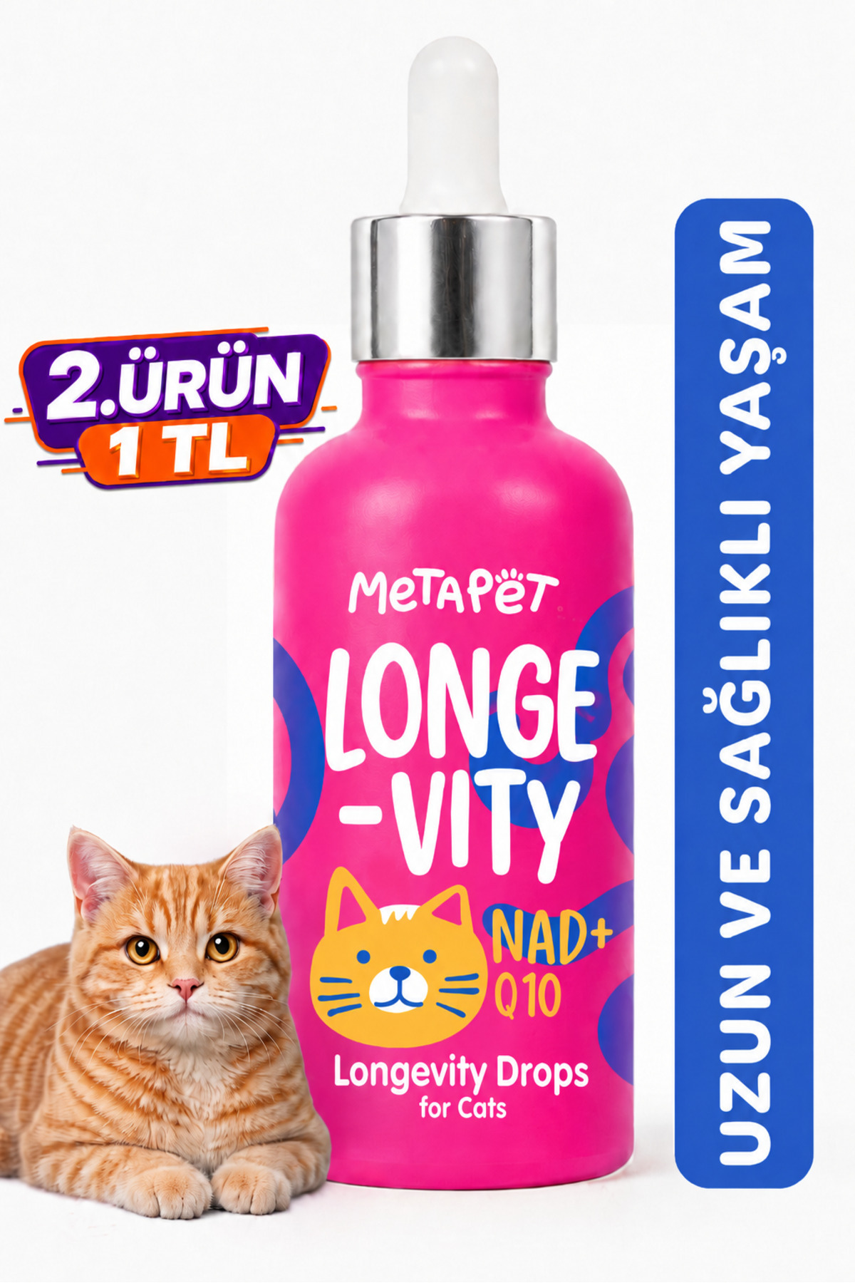 Metapet Kediler için Longevity-Sağlıklı Uzun Yaşam Damlası, Genel Sağlık Desteği, NAD+ ve Q10 Vitamini