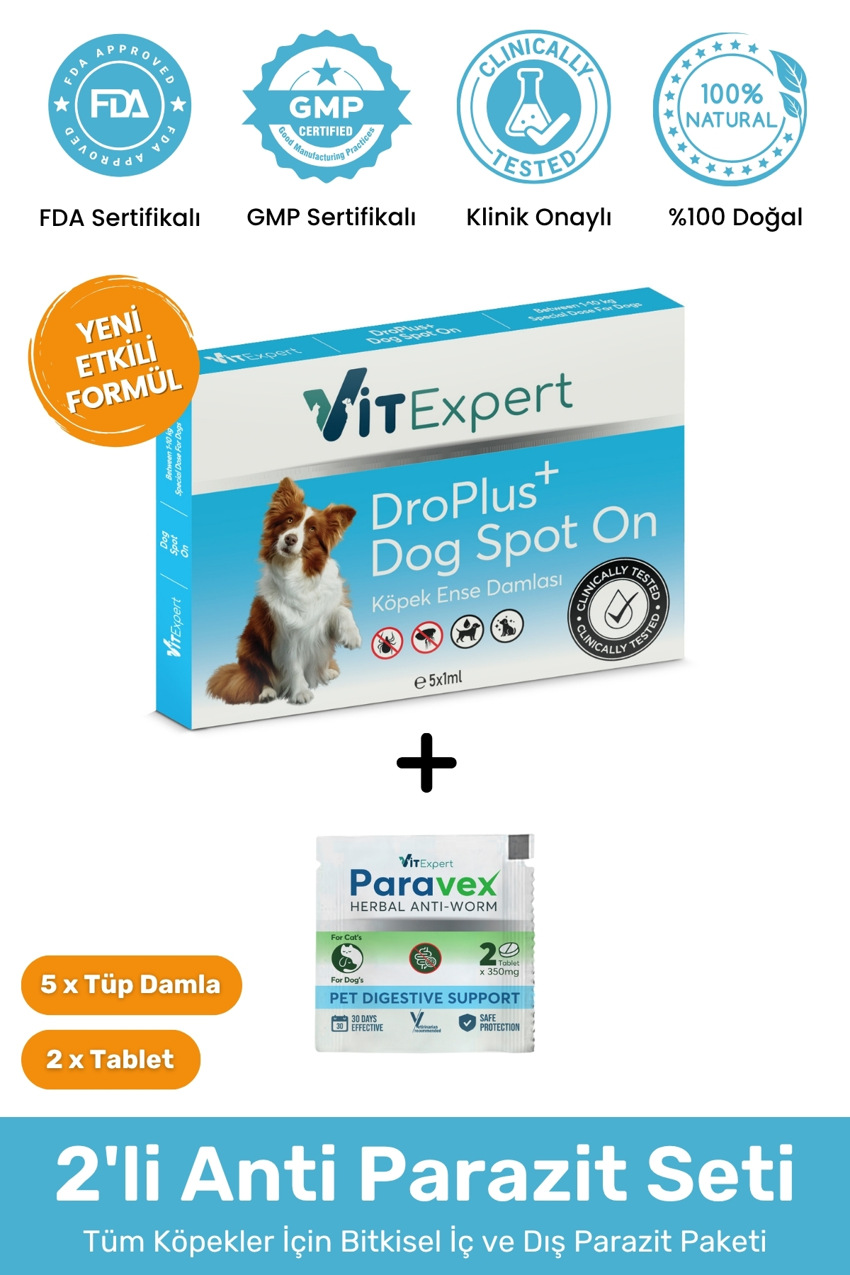 Vitexpert 2'li Set Köpek İç Dış Anti Parazit Tüm Köpekler İçin Bitkisel 5 Damla ve 2 Tablet Seti