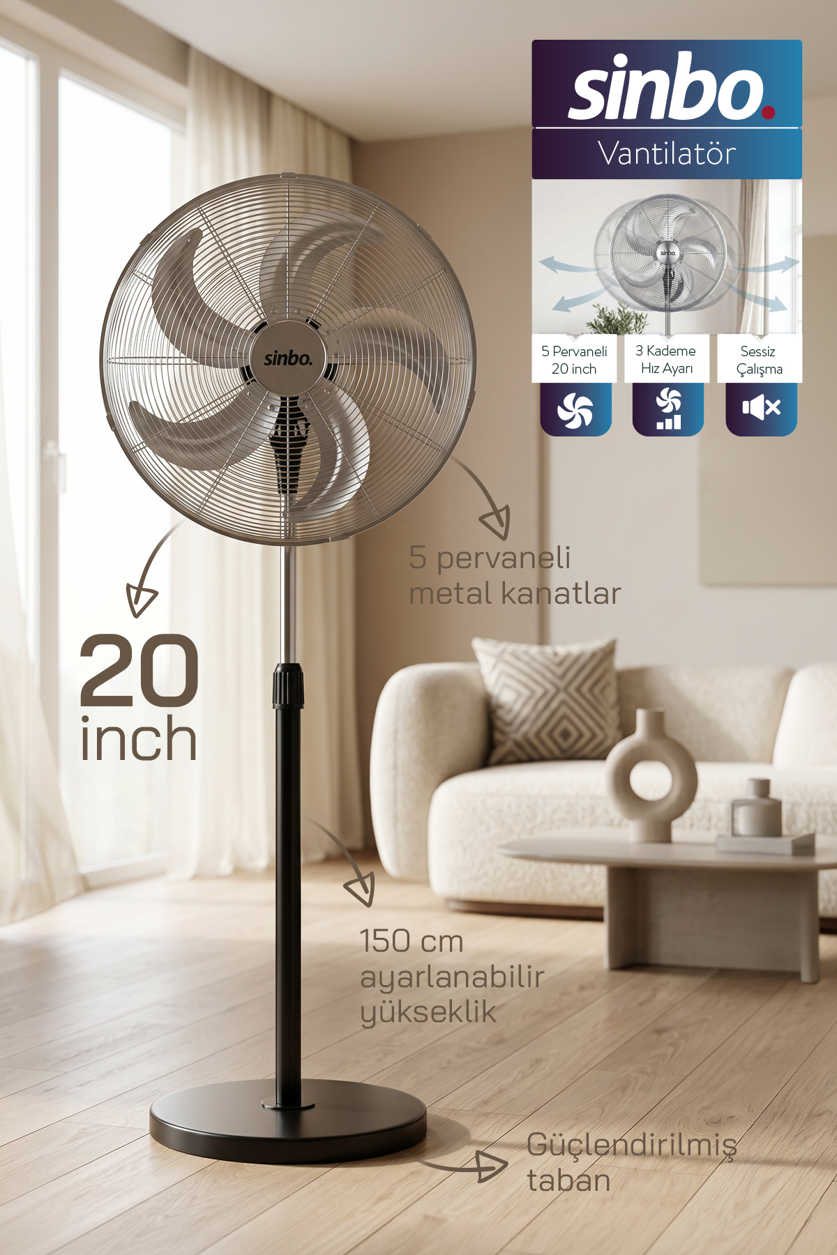 Sinbo SF-6792 Ayaklı Vantilatör 20 İnç 130W Endüstriyel Fan 3 Kademeli Sessiz Güçlü 360 Ayarlanabilir