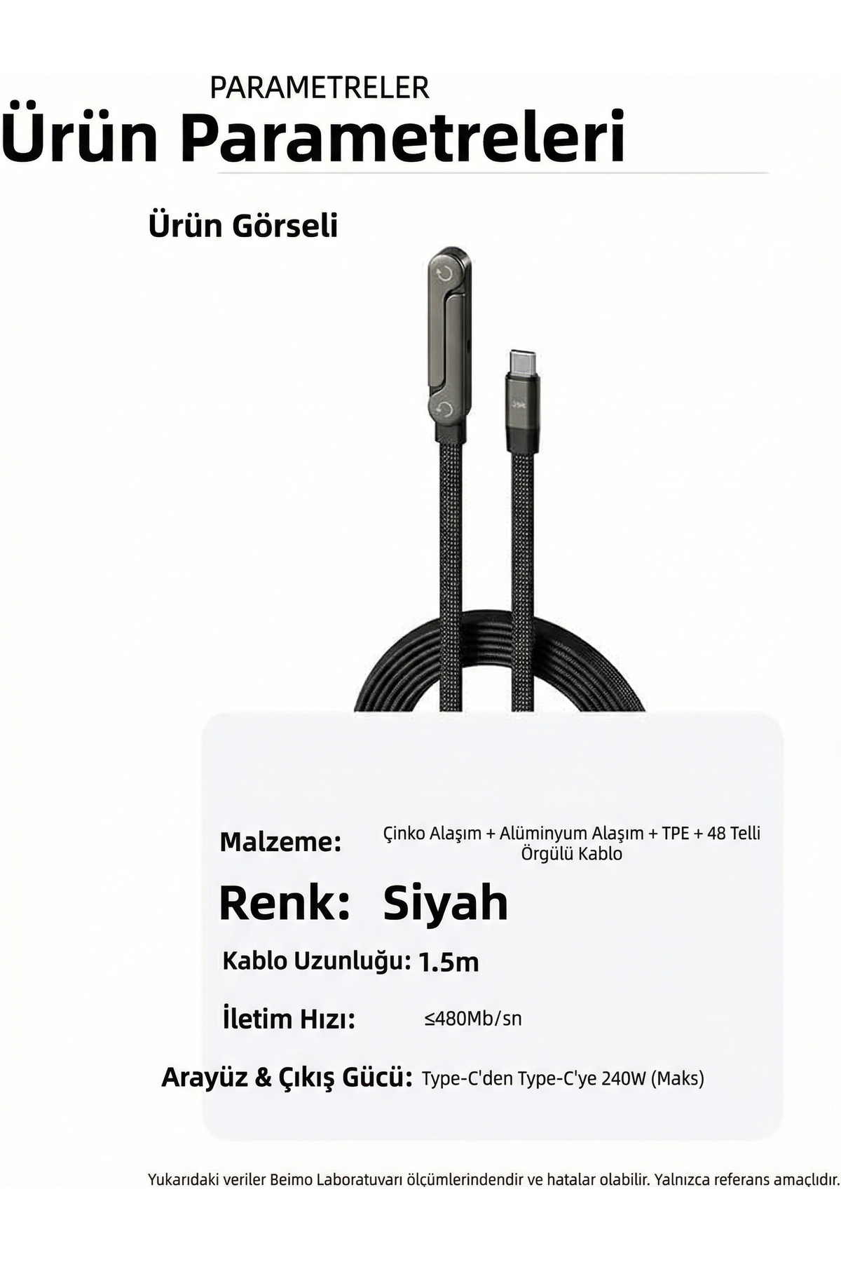 Fibaks 1.5mt 240W Ultra Hızlı Type-C Şarj Data Kablosu Katlanabilir Standlı Ergonomik Tasarım Örgülü - Görsel 3