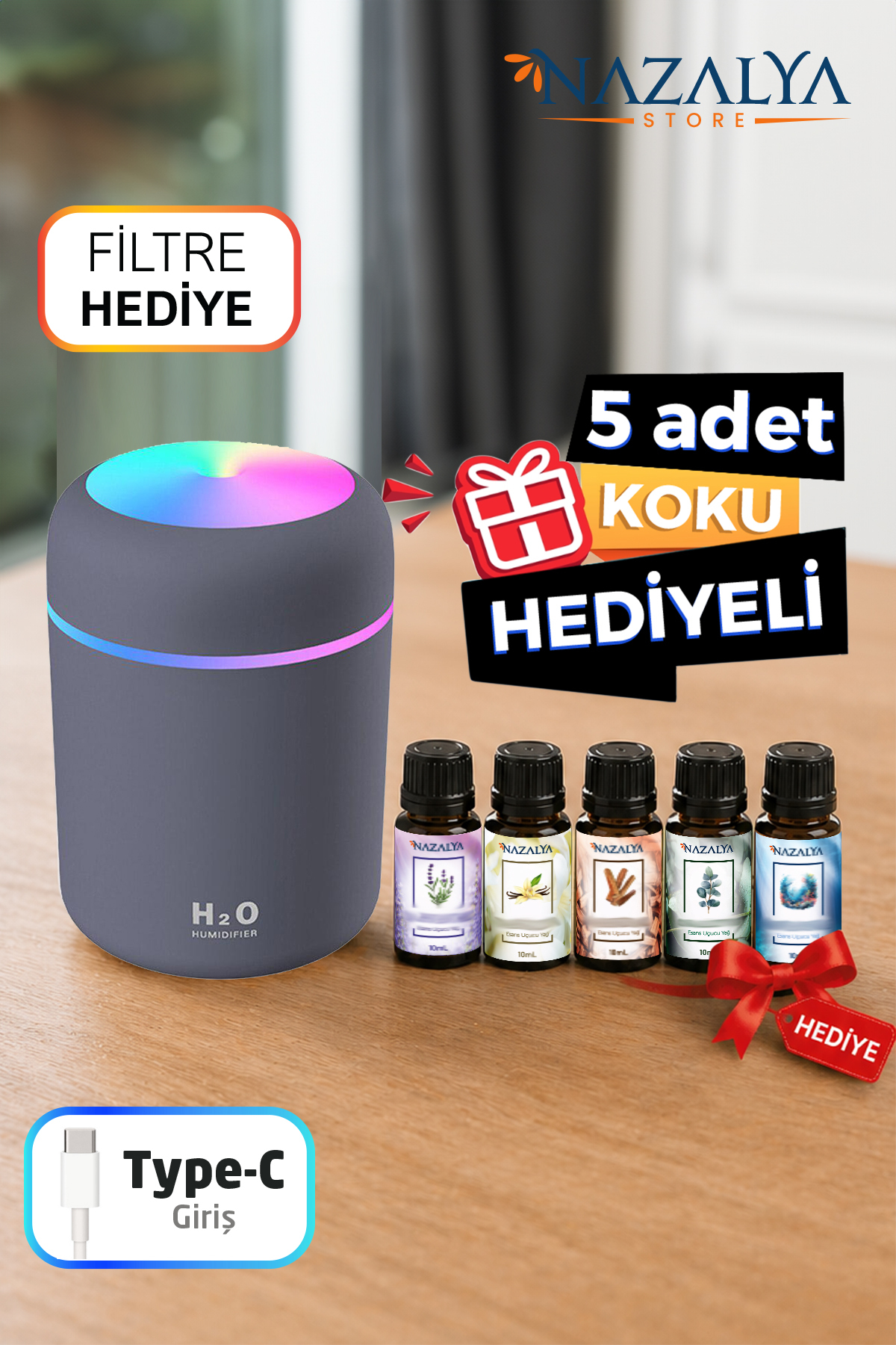 Nazalya +5 Adet Koku Hediyeli Ultrasonik Oda ve Araç Hava Nemlendirici Buhar Makinesi Ve Aroma Difüzörü Koku