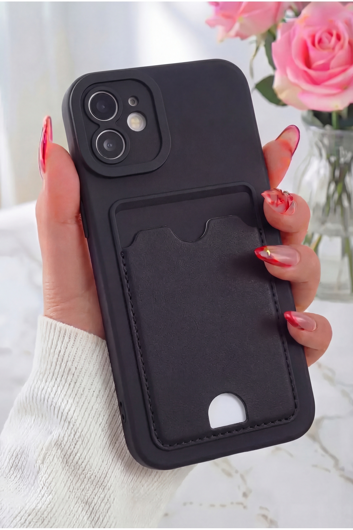 Fibaks iPhone 11 Kılıf Kamera Korumalı Kartlıklı Kart Bölmeli Cüzdanlı Siyah Tuşlu Silikon