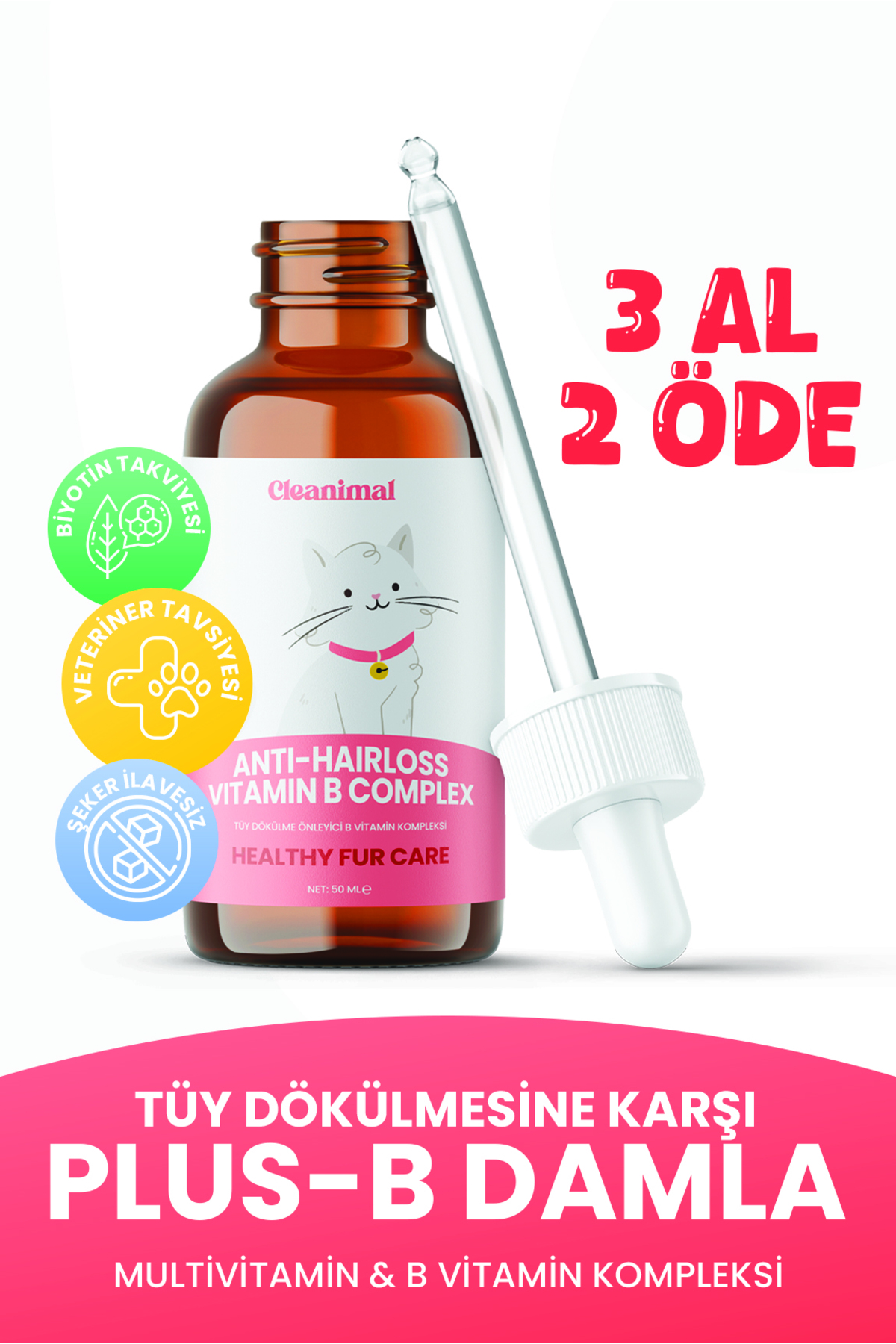 Cleanimal Kediler İçin Tüy Dökülme Önleyici Plus B Damla – 50 ml
