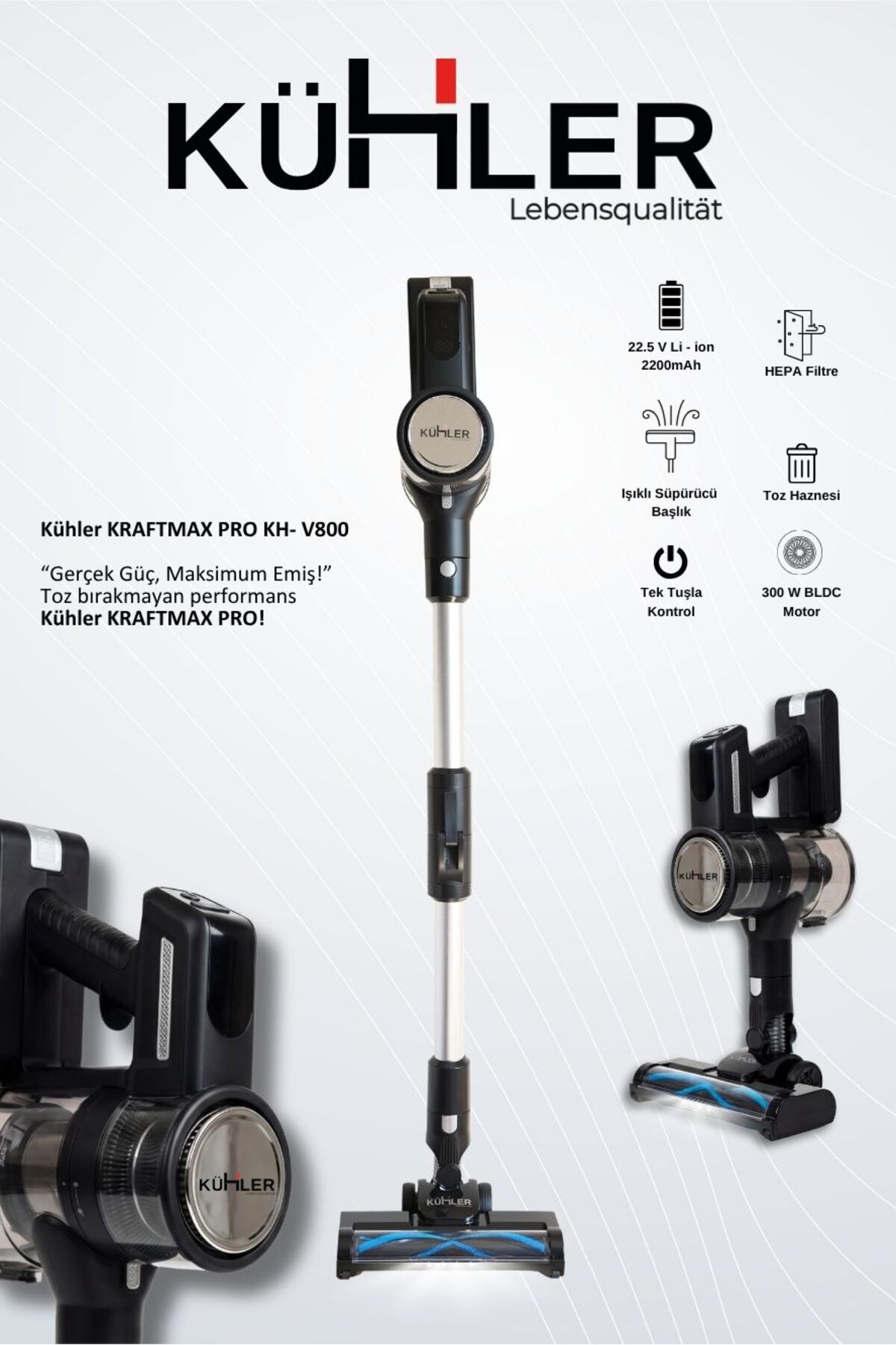 kühler Kraftmax Pro KH-V800 Kablosuz Turbo Fırçalı Katlanır Esnek Boru Teknolojisi Dikey Şarjlı Süpürge