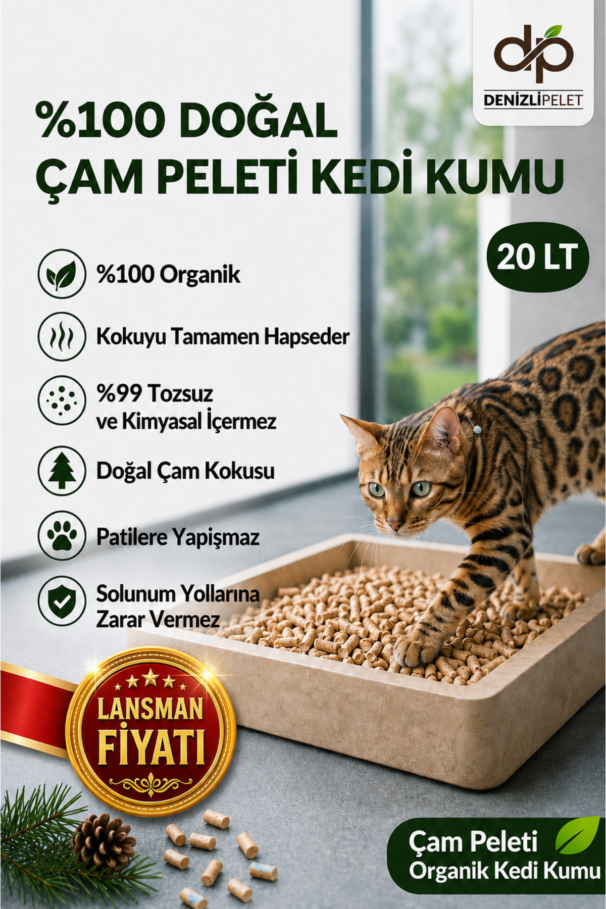 Denizli Pelet 0 Doğal Organik çam peleti kedi kumu katkısız 20 LT | Tozsuz çam kokulu