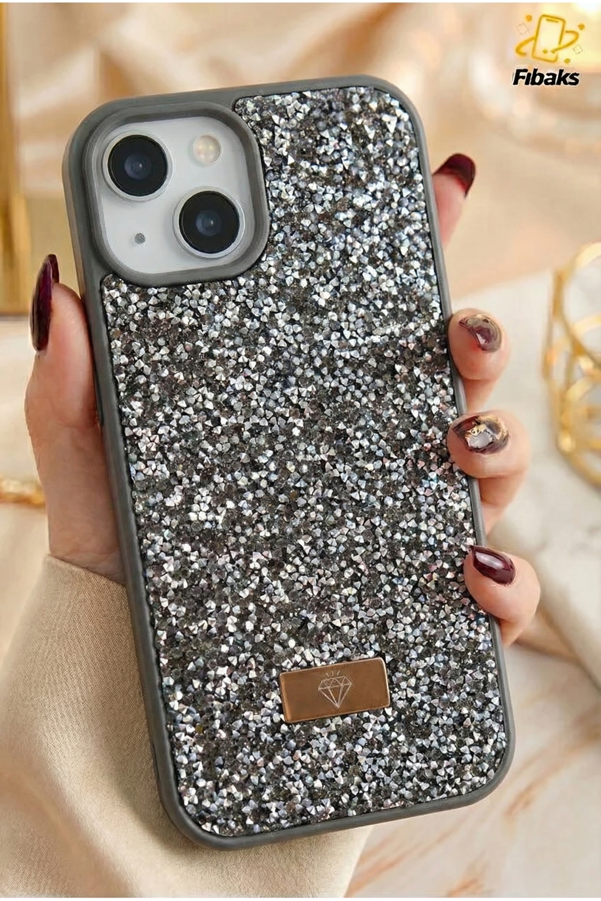 Fibaks iPhone 13/14/15 Kılıf Içi Kadife Elmas Tasarımlı Gri Taşlı Işıltılı Pırlanta Silikon - Görsel 3