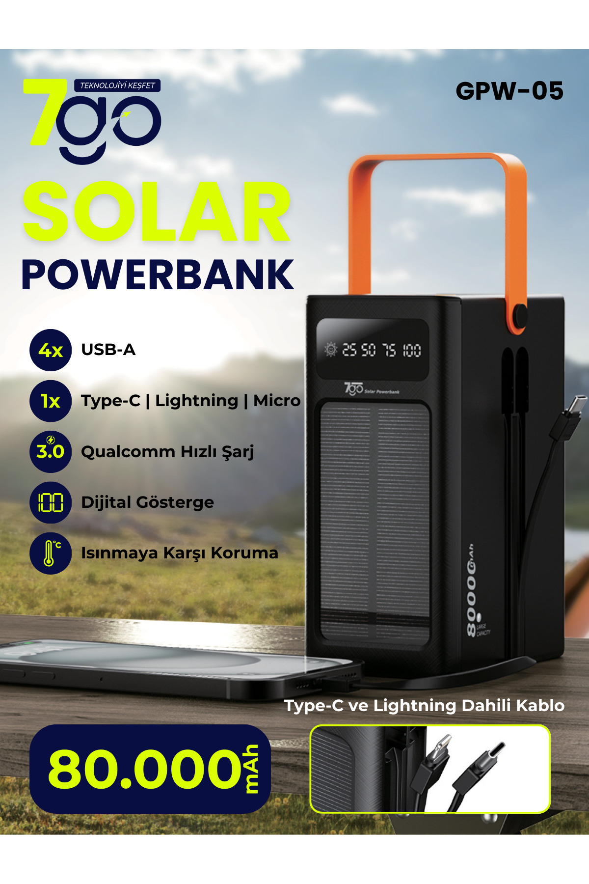 7GO GPW-05 80.000mAh Solar Powerbank – 4xUSB-A, Qualcomm 3.0 Hızlı Şarj, Dahili Lightning & USB-C Ka