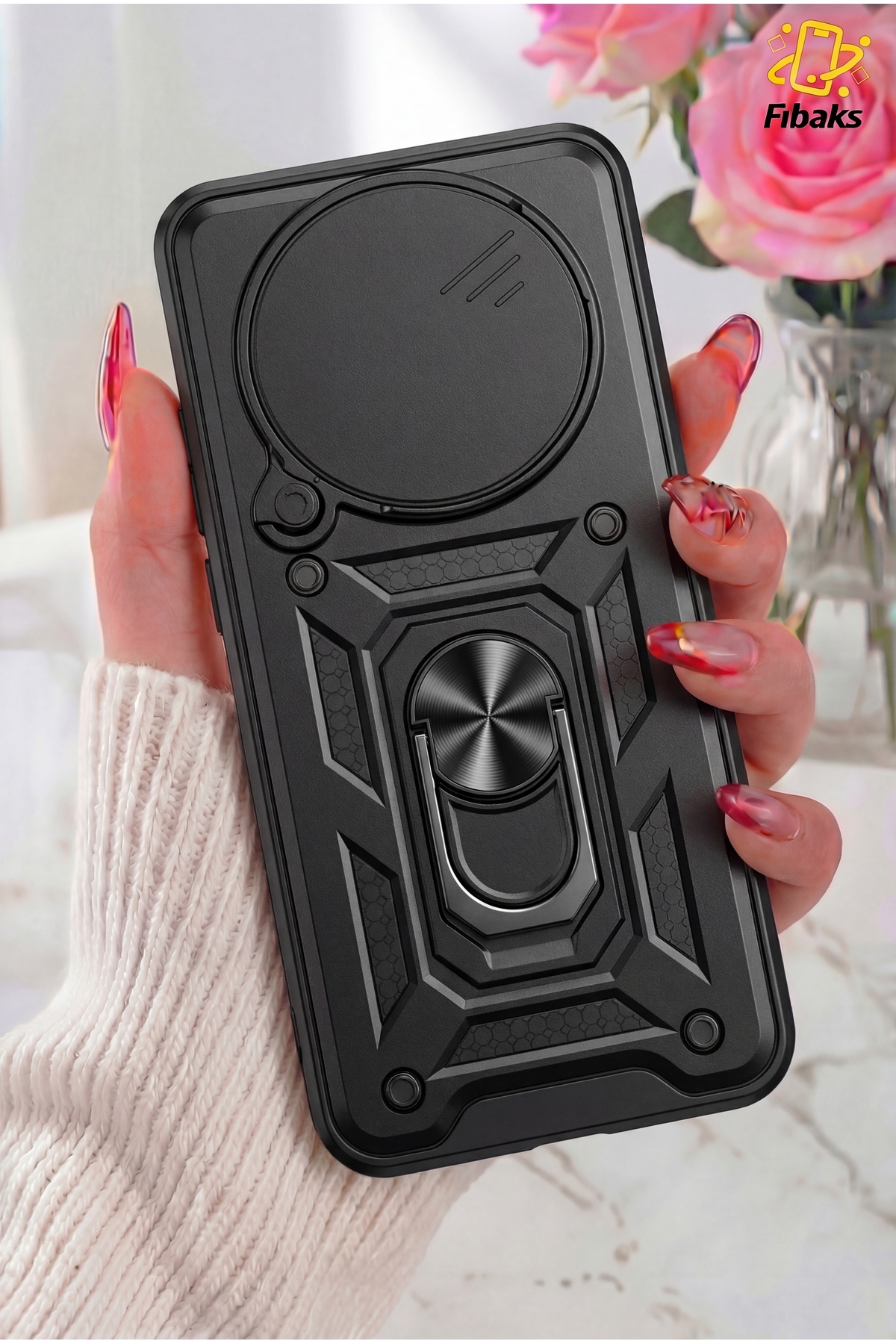 Fibaks Redmi Note 14 Pro 4G/5G Kılıf Kamera Korumalı Sürgülü Yüzüklü Armor Military Tank Koruyucu Kapak