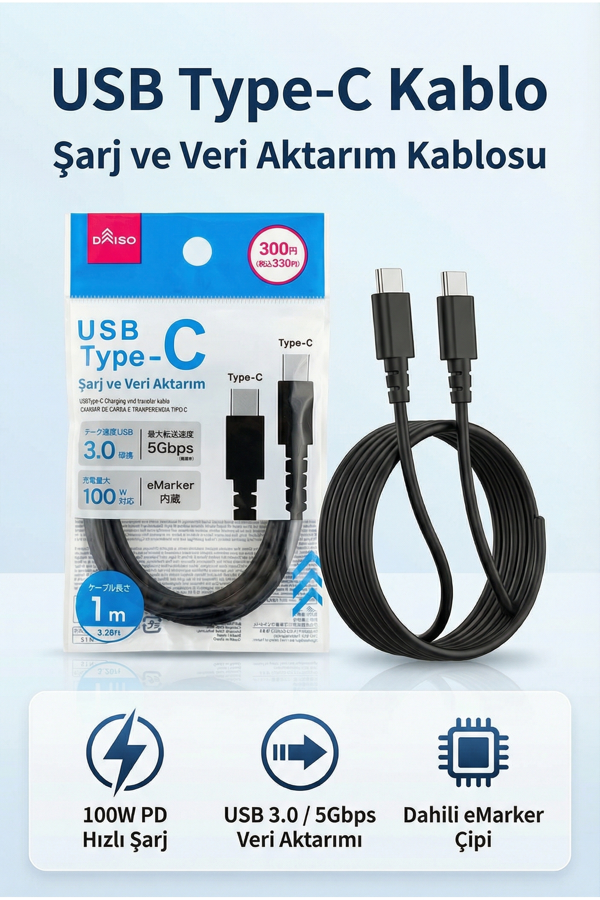 Fibaks 240W Type-C to Type-C Hızlı Şarj Veri Aktarım Kablosu PD Desteği USB 3.0 (5Gbps) eMarker Çipli - Görsel 3