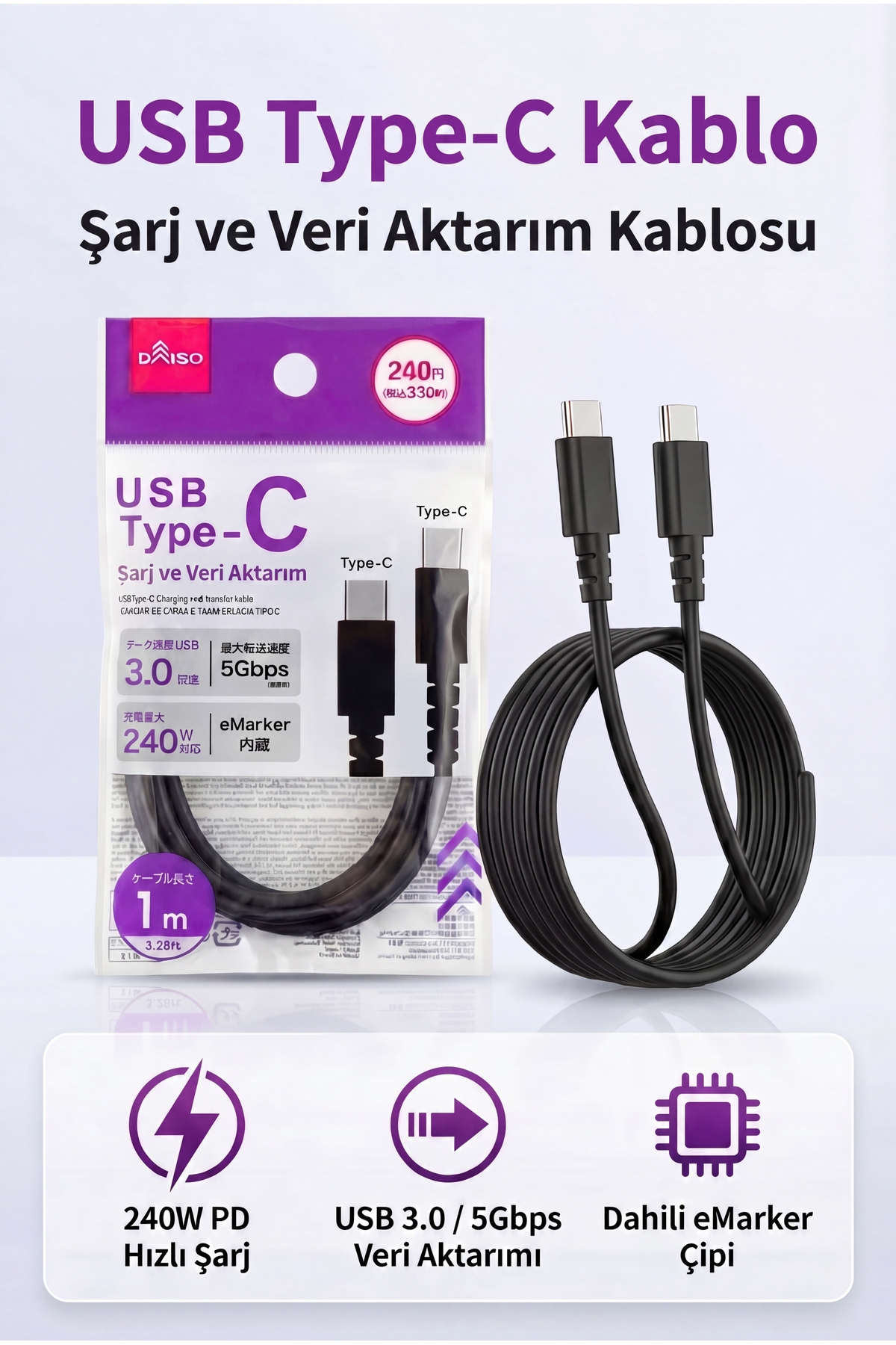 Fibaks 240W Type-C to Type-C Hızlı Şarj Veri Aktarım Kablosu PD Desteği USB 3.0 (5Gbps) eMarker Çipli