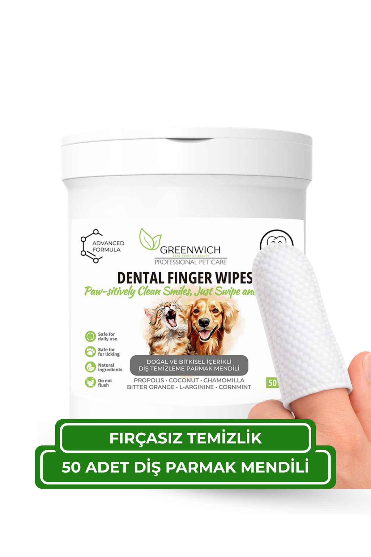 Greenwich Zero Point of Beauty Diş Mendili 50 Adet | Plak Tartar Ağız Kokusu Giderici | Kedi Köpek | Nano Gümüş Içermez