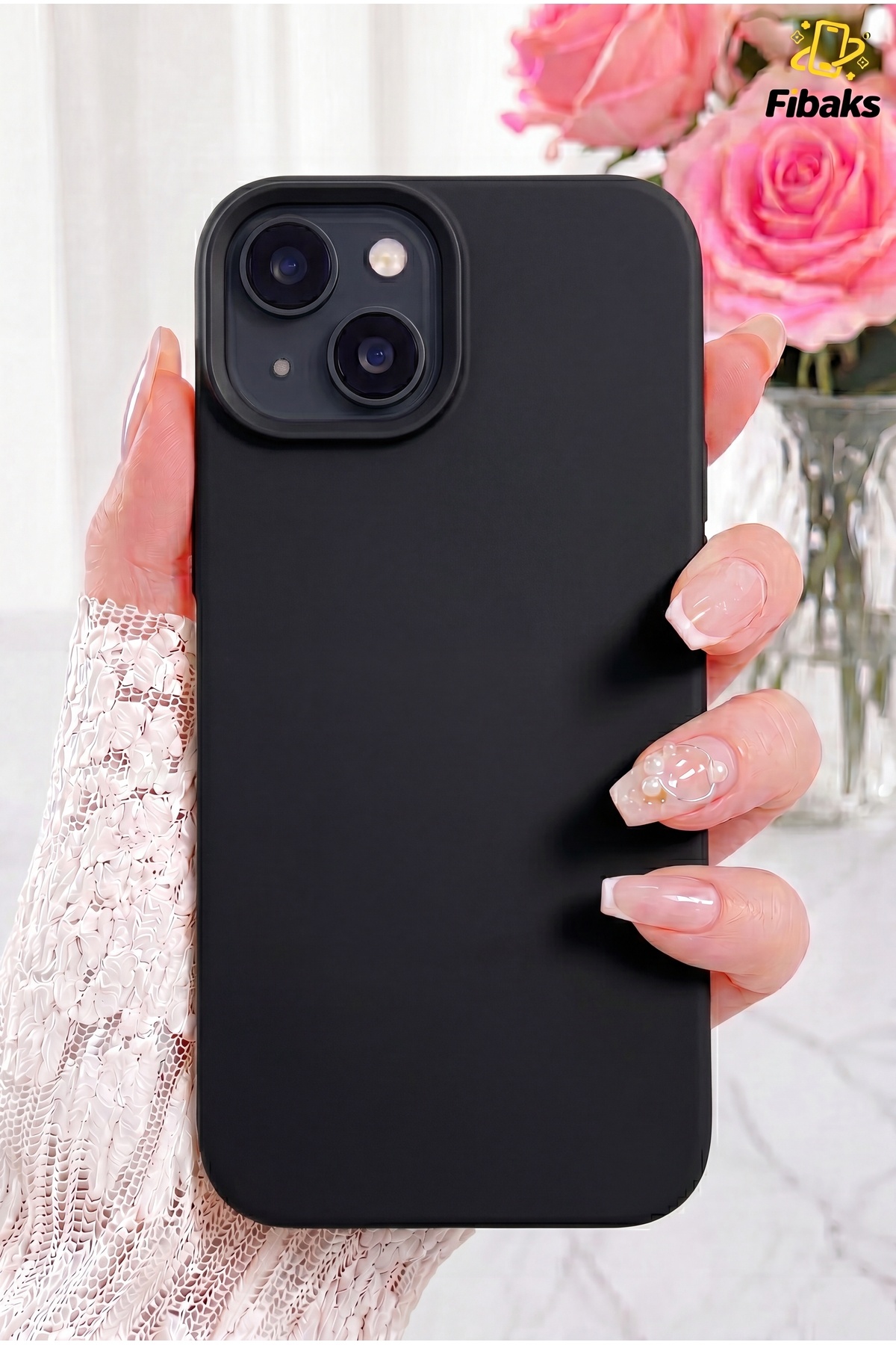 Fibaks iPhone 13/14/15 Kılıf Kadife Lansman Soft Yumuşak Liquid Silikon Kamera Korumalı Siyah