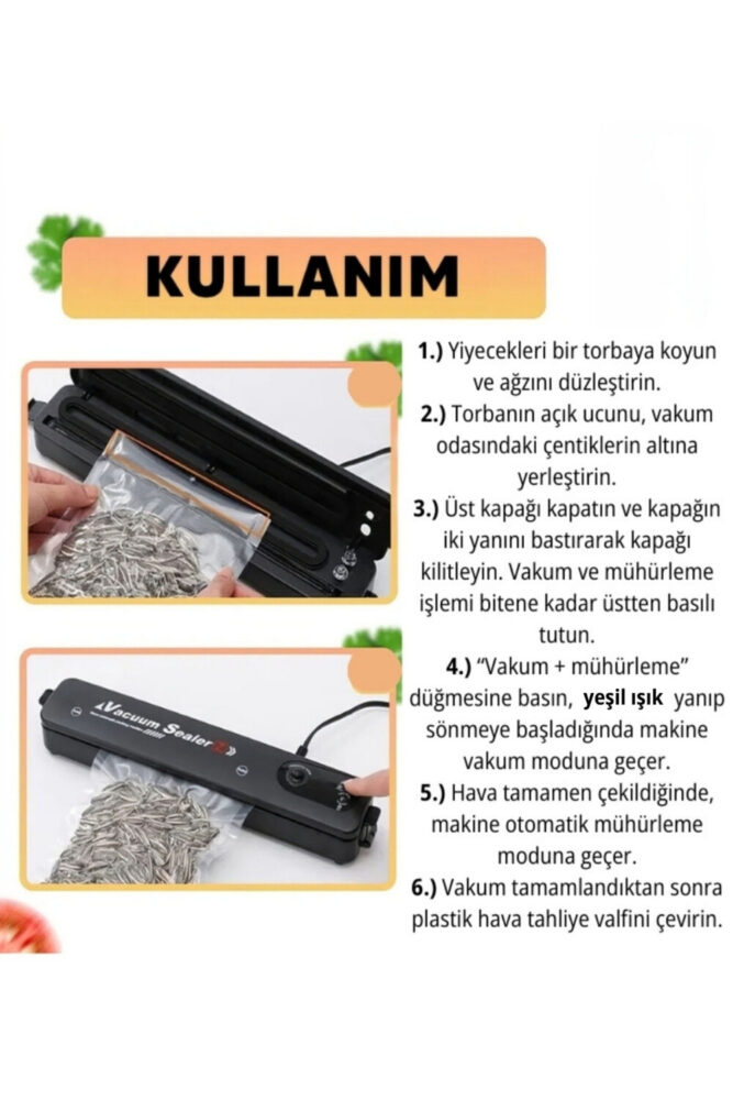 Vacuum Sealer Gıda Mühürleme Vakum Makinesi- Yiyecek Tazeliği Koruma Ev Ve Restoran- 10 Adet Poşet Hediyeli - Görsel 2