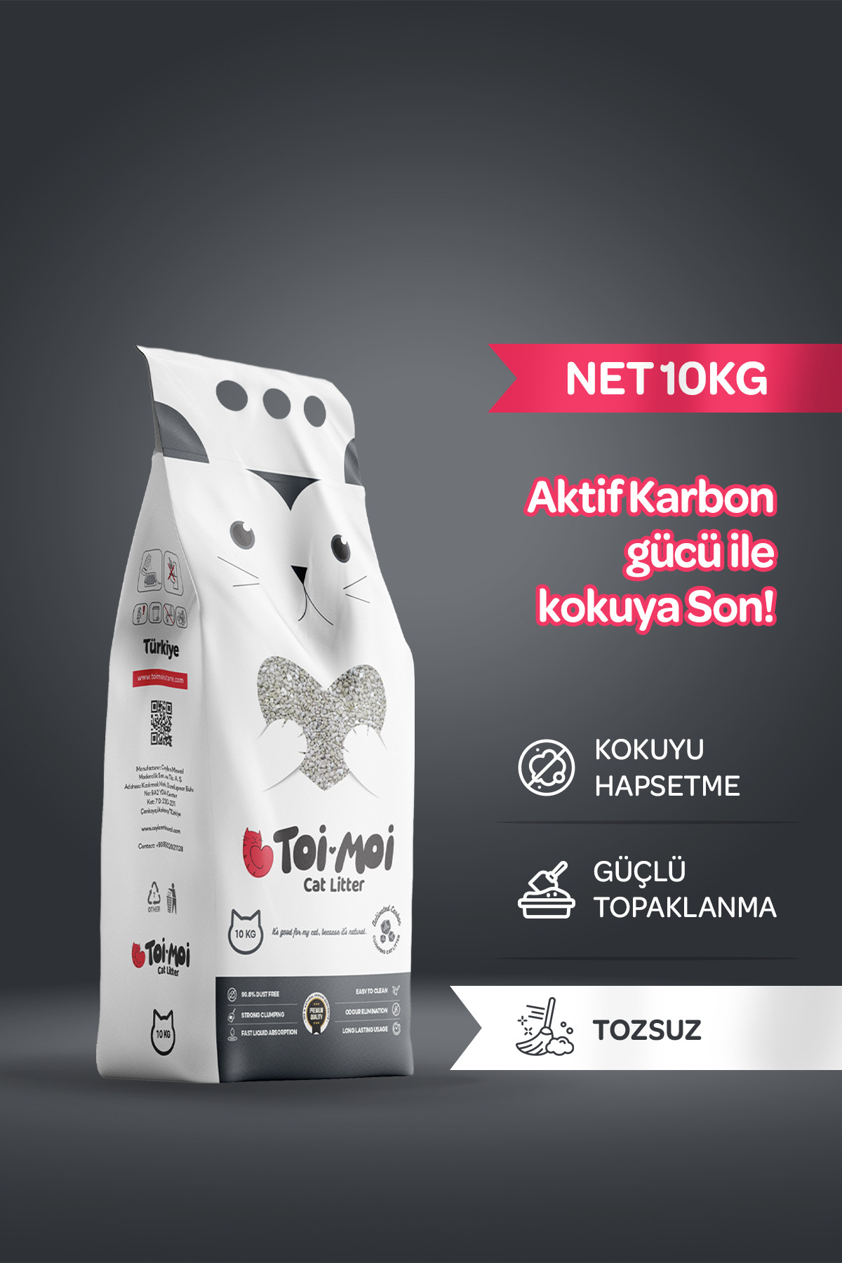 Toi Moi Koku Hapseden, Topaklanan,Tozsuz Aktif Karbonlu Bentonit Kedi Kumu 10kg