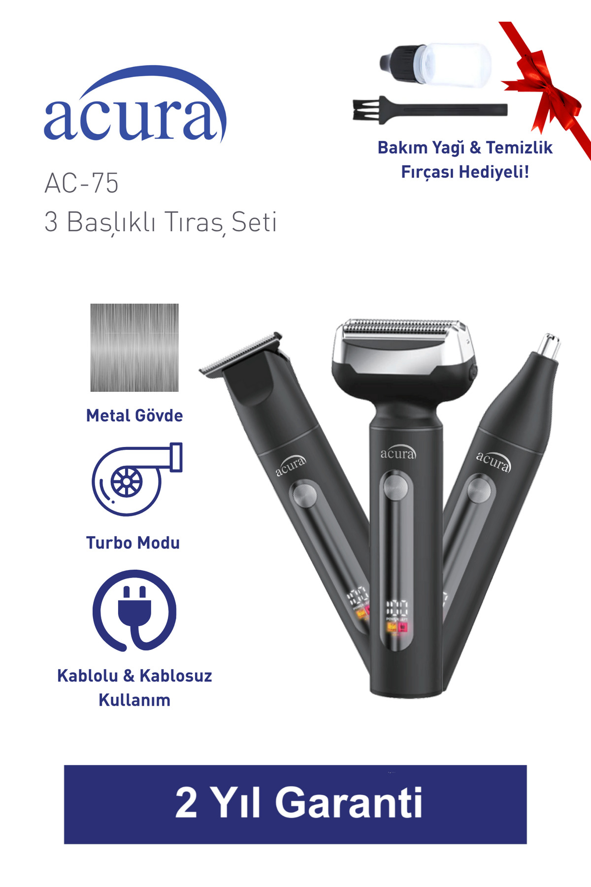 Acura AC-75 3 Başlıklı Metal Gövdeli Tıraş Seti
