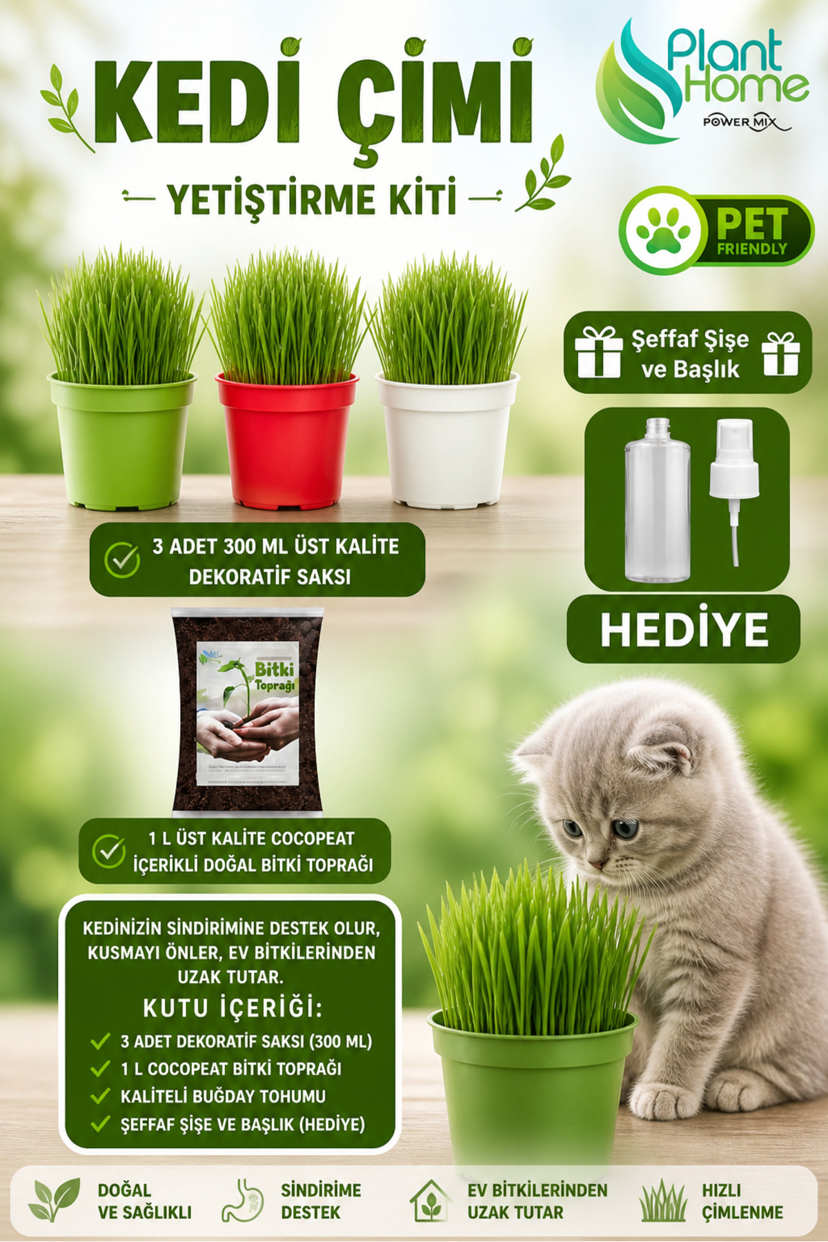 Plant Home Power Mix Kedi Çimi Yetiştirme Seti – Saksı, Cocopeat Toprak ve Buğday Tohumu | 0 Doğal 3’lü Kit