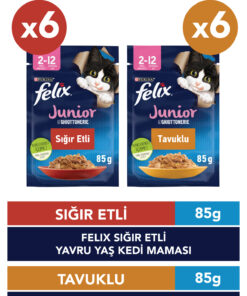 FELIX Karışık Yavru Kedi Yaş Maması 12 x 85 gr (6 Adet Tavuklu ve 6 Adet Sığır Etli)
