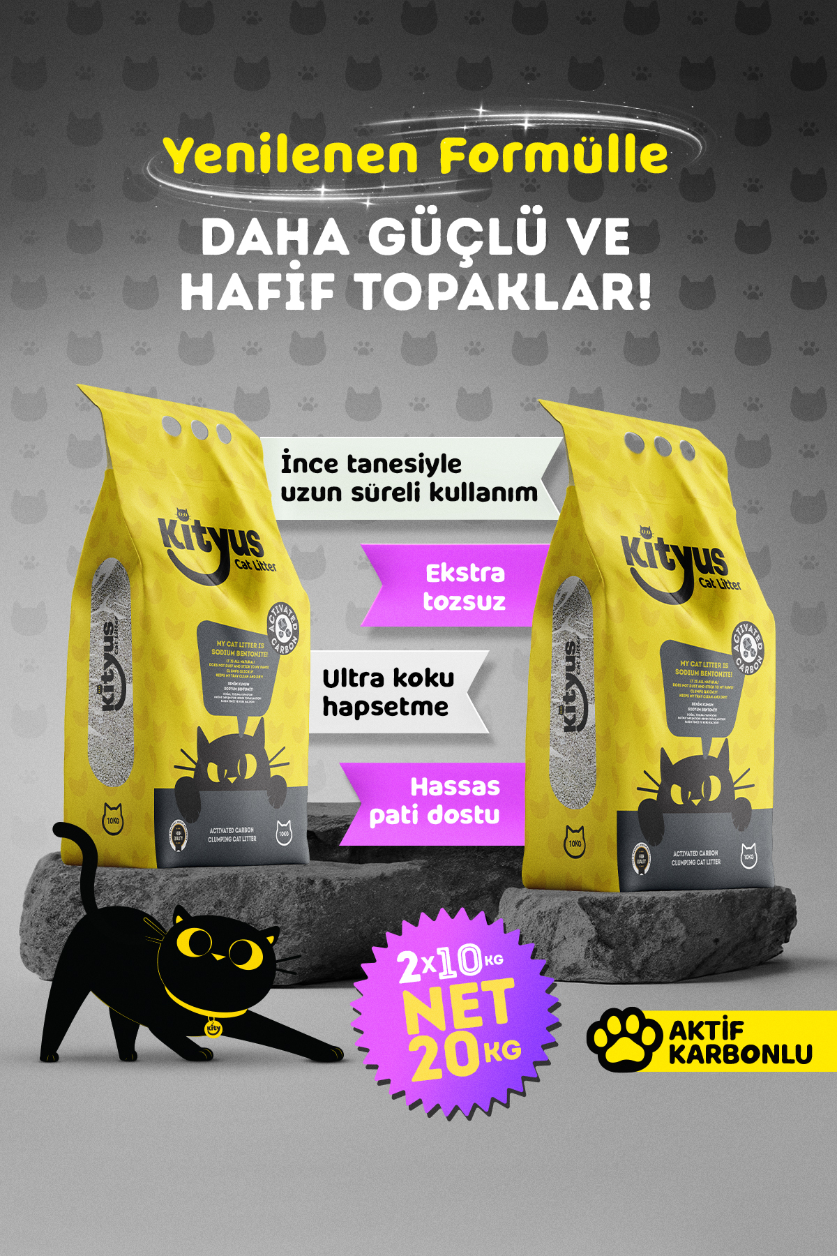 Kityus 2li Avantaj Paketi Ekstra Topaklanan, İnce Taneli, Tozsuz, Aktif Karbonlu Bentonit Kedi Kumu 2x10lt
